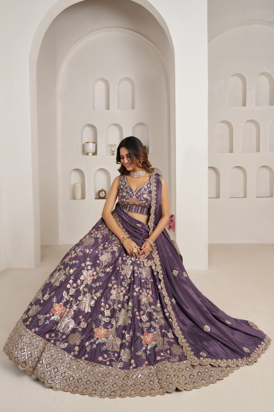Royal Purple Crepe Silk Lehenga Choli with Floral Embroidery