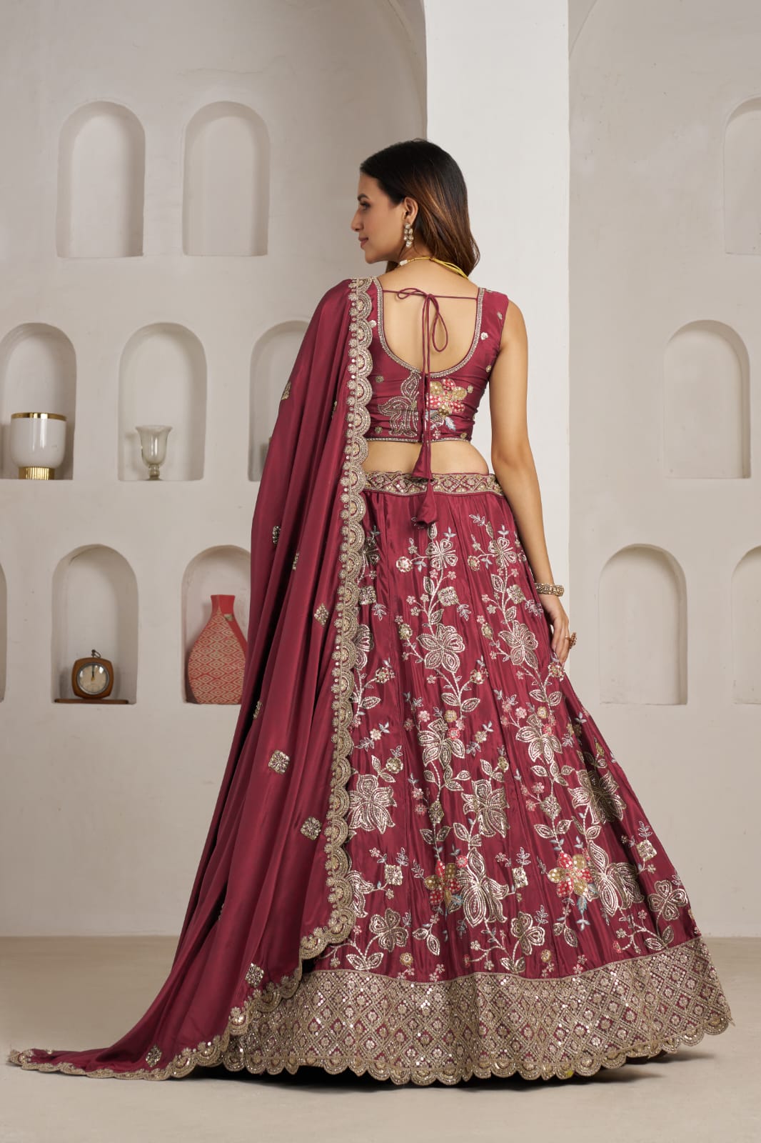 Rani Pink Crepe Silk Lehenga Choli with Floral Embroidery