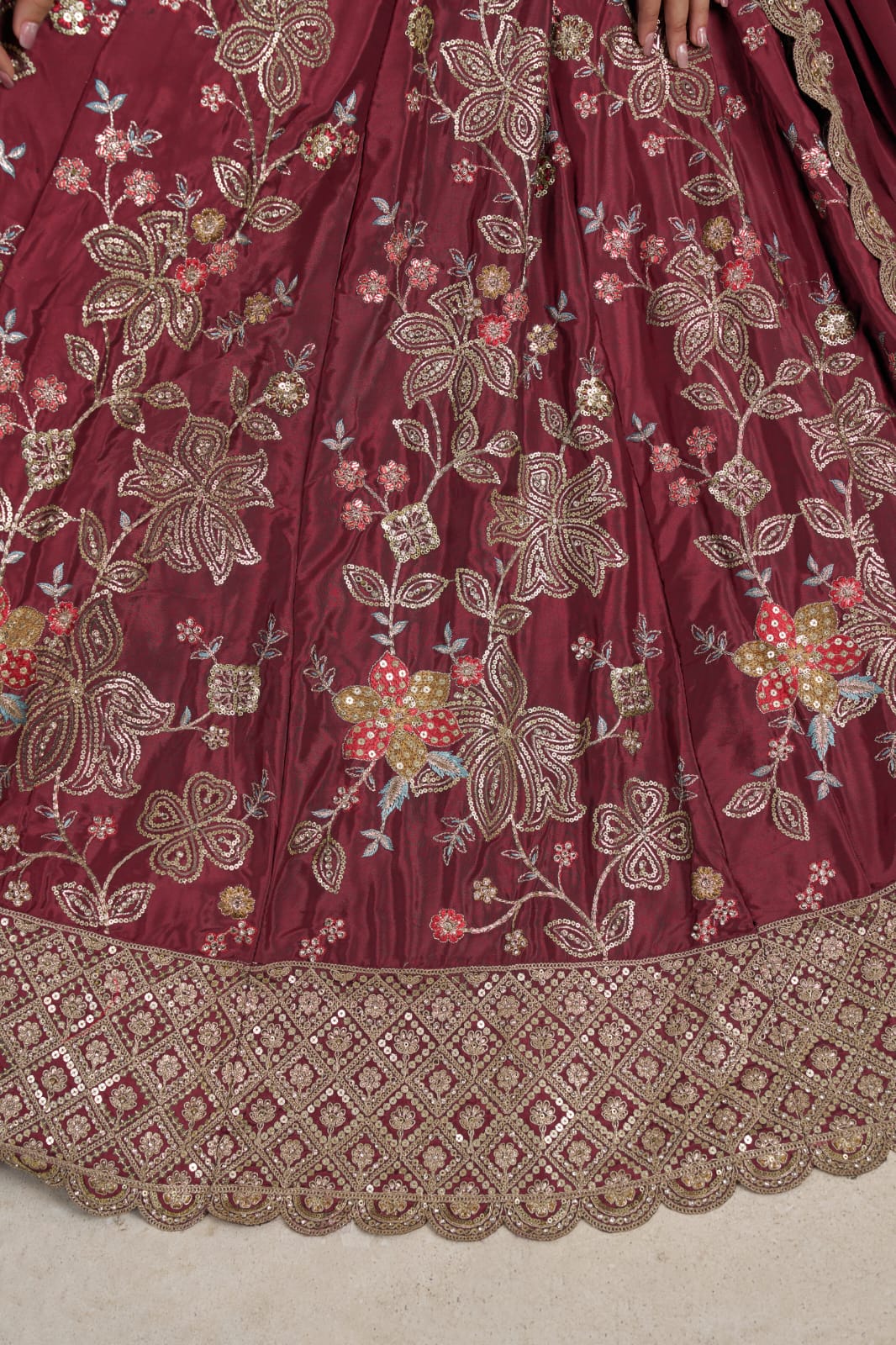 Rani Pink Crepe Silk Lehenga Choli with Floral Embroidery
