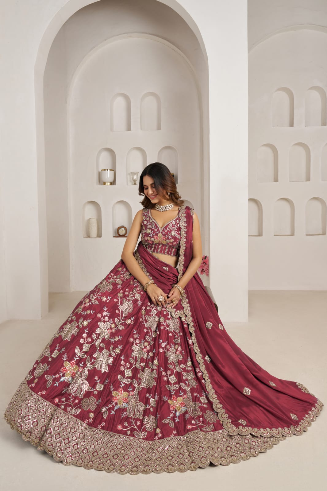 Rani Pink Crepe Silk Lehenga Choli with Floral Embroidery