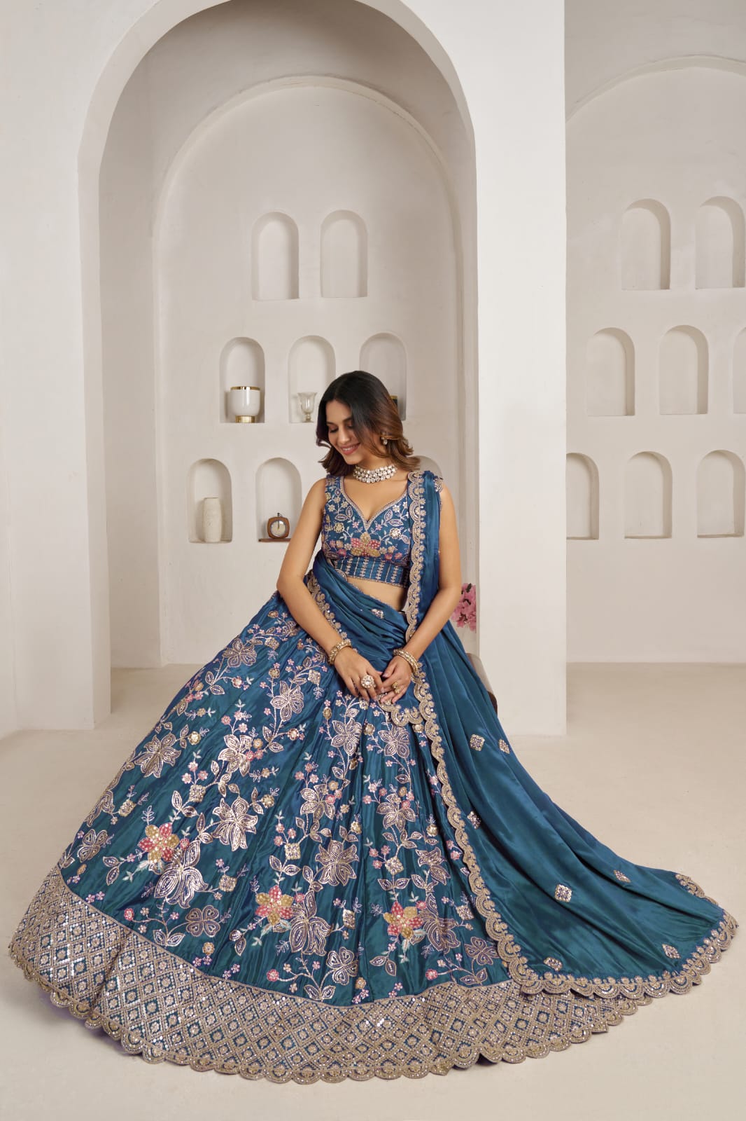Teal Blue Crepe Silk Lehenga Choli with Floral Embroidery