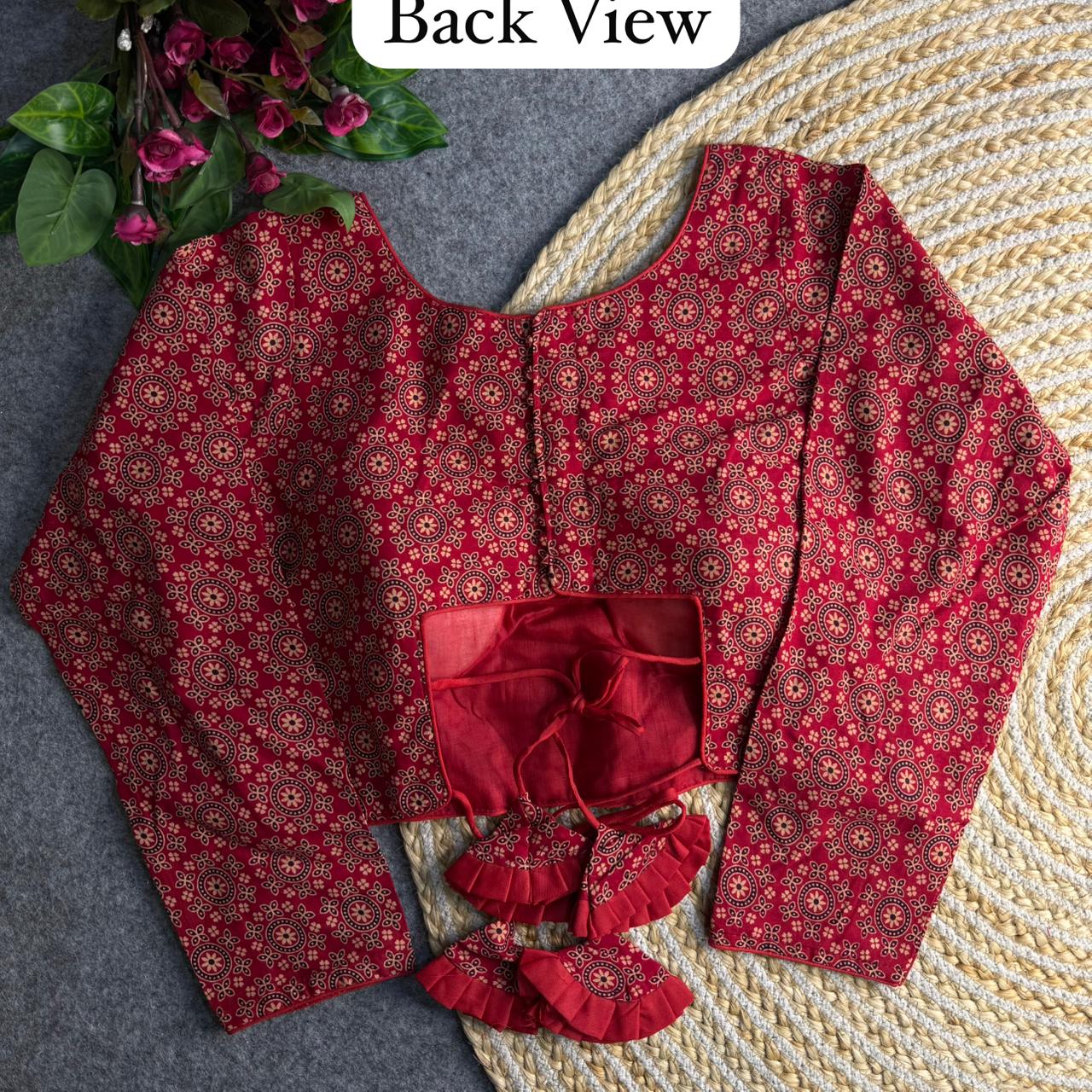 Red Pure Heavy Ajrakh Cotton Long Sleeves Blouse