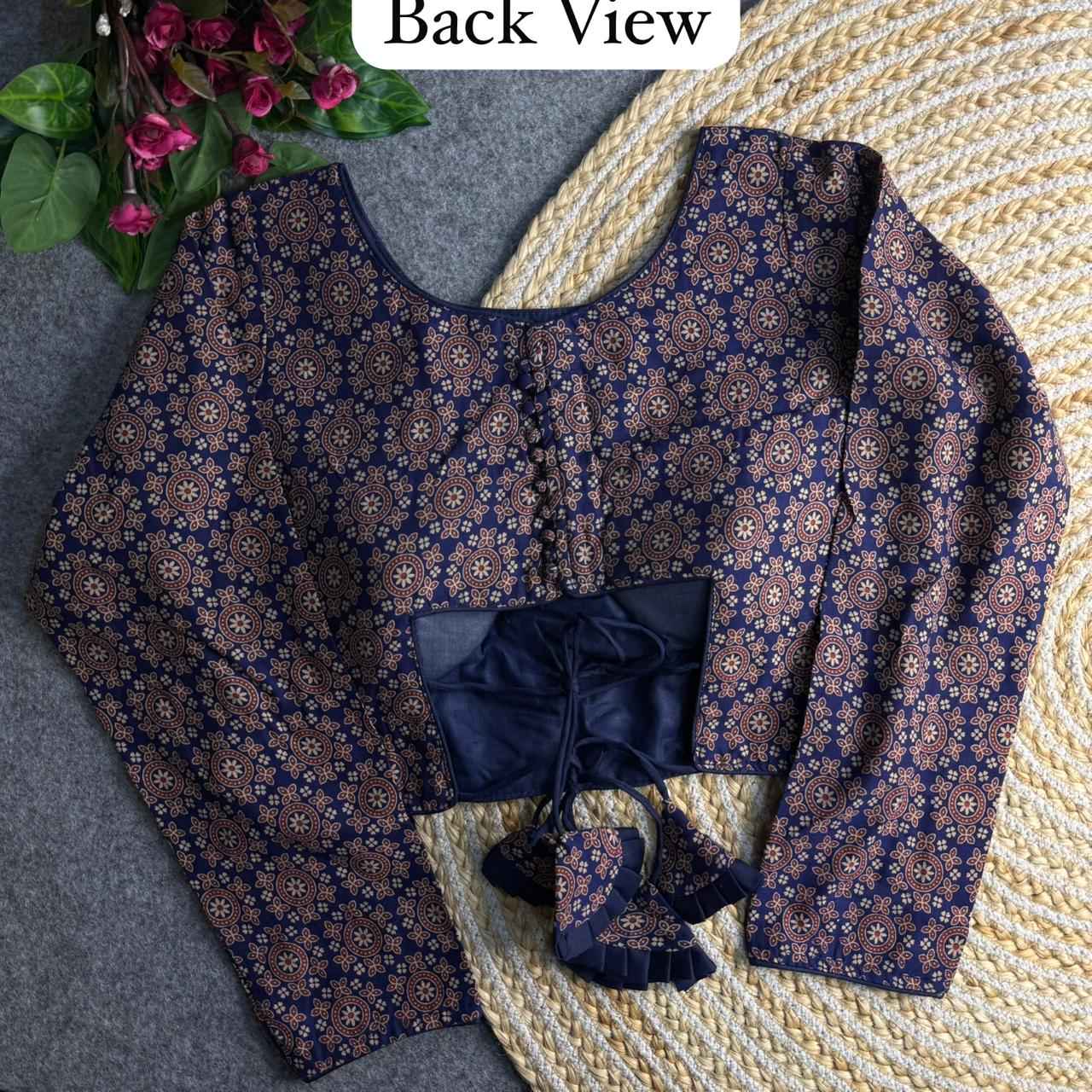 Navy Blue Pure Heavy Ajrakh Cotton Long Sleeves Blouse