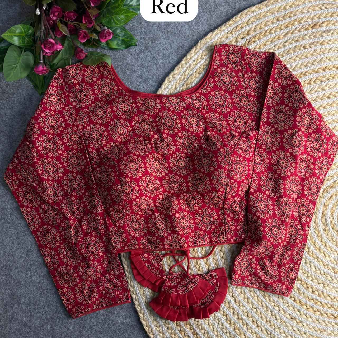 Red Pure Heavy Ajrakh Cotton Long Sleeves Blouse