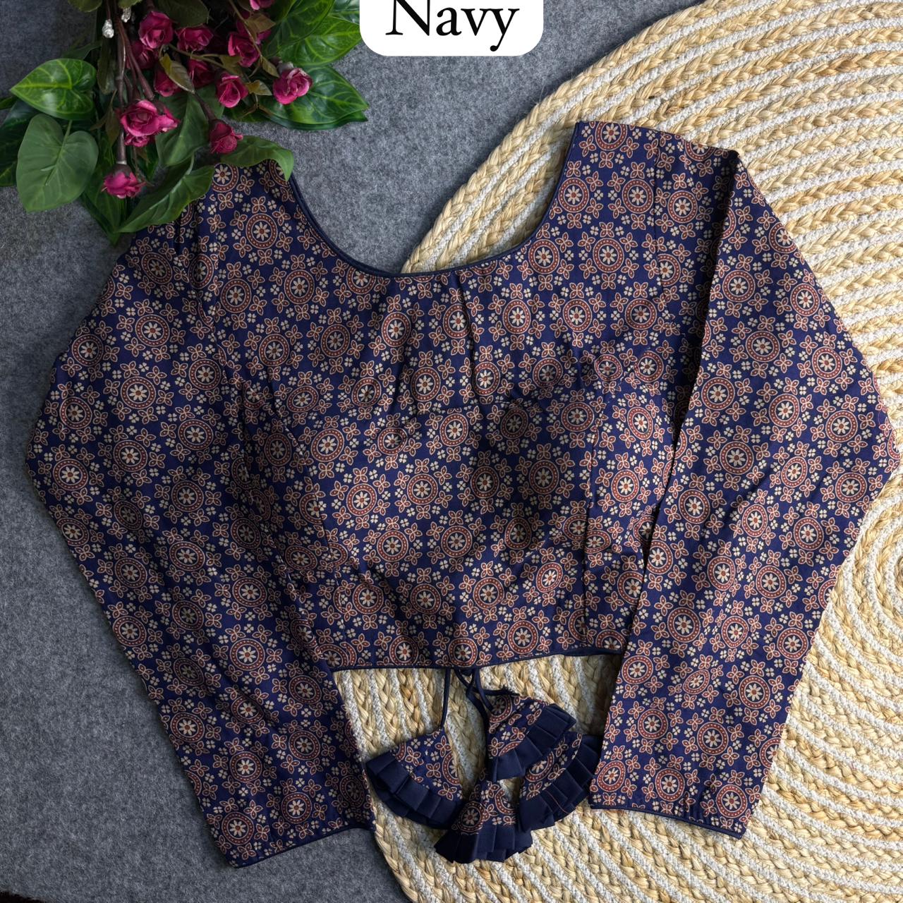 Navy Blue Pure Heavy Ajrakh Cotton Long Sleeves Blouse