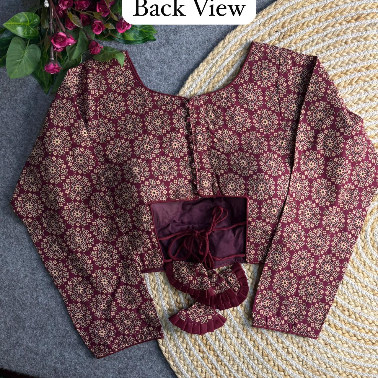 Maroon Pure Heavy Ajrakh Cotton Long Sleeves Blouse