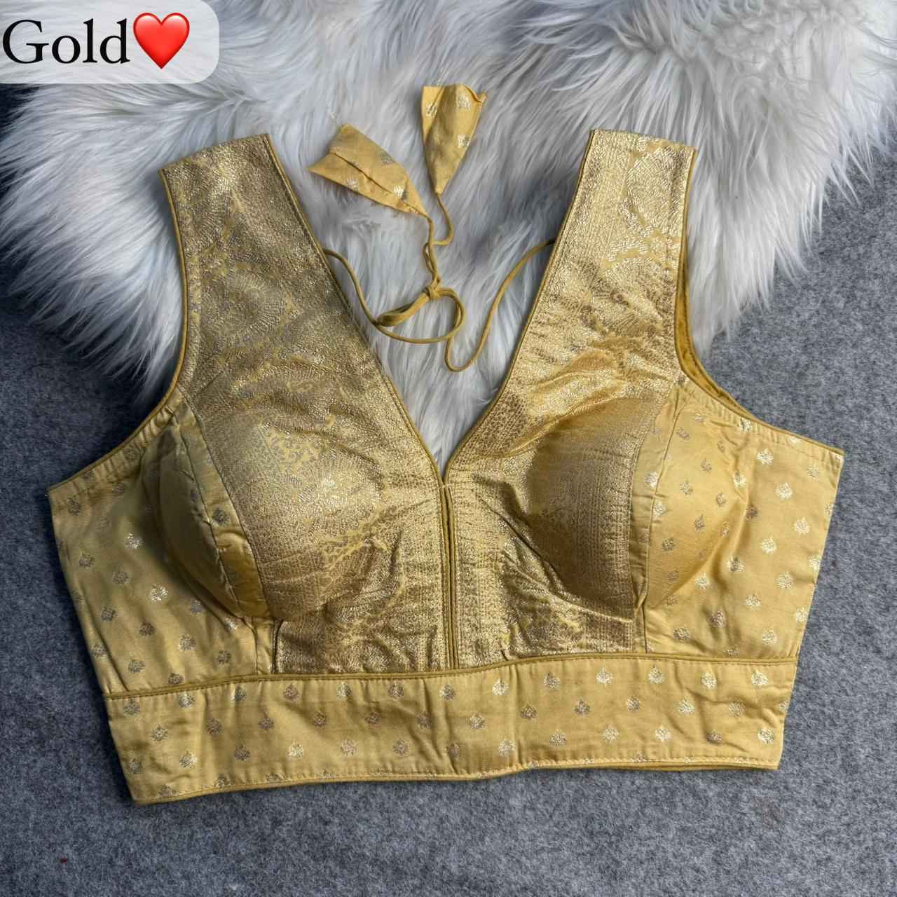 Gold Pure Dola Soft Mina Jari V Neck Heavy Banarasi Blouse