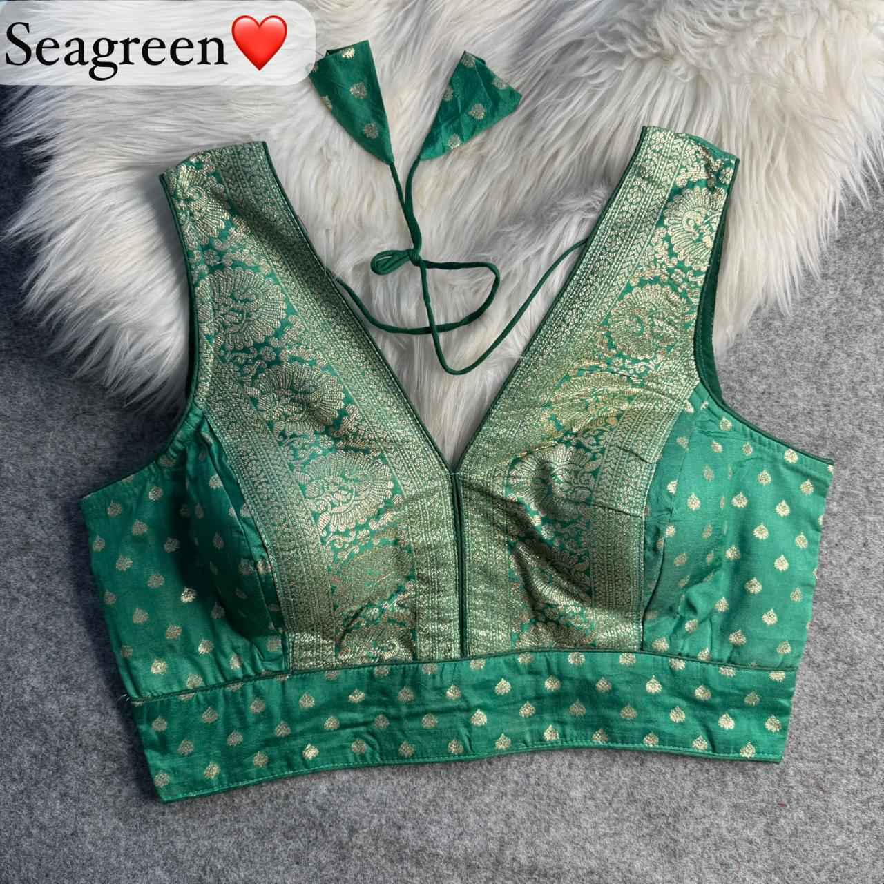 Sea Green Pure Dola Soft Mina Jari V Neck Heavy Banarasi Blouse