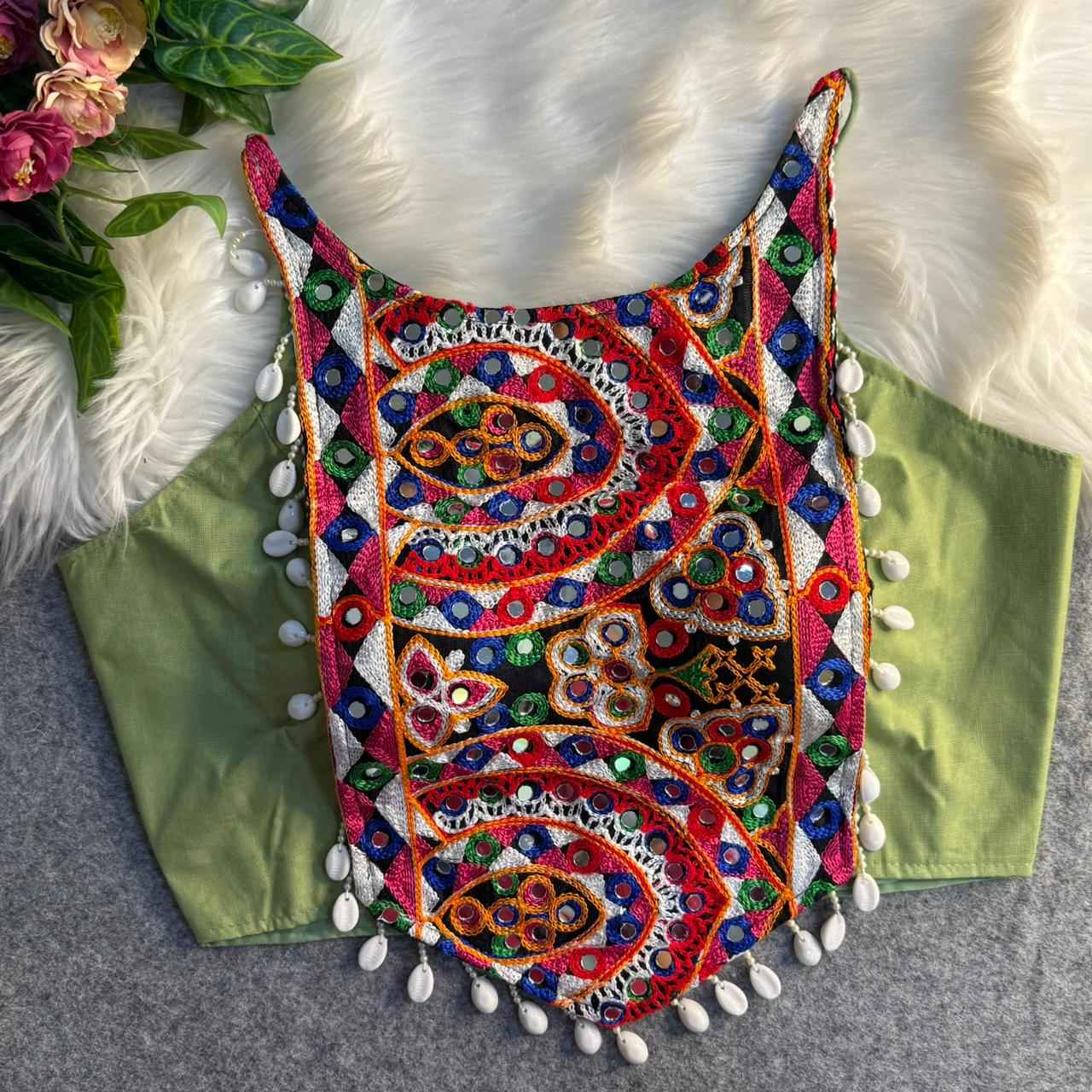 Pista Pure Cotton Heavy Thread + Kaudi & Hand Mirror Work Navratri Blouse