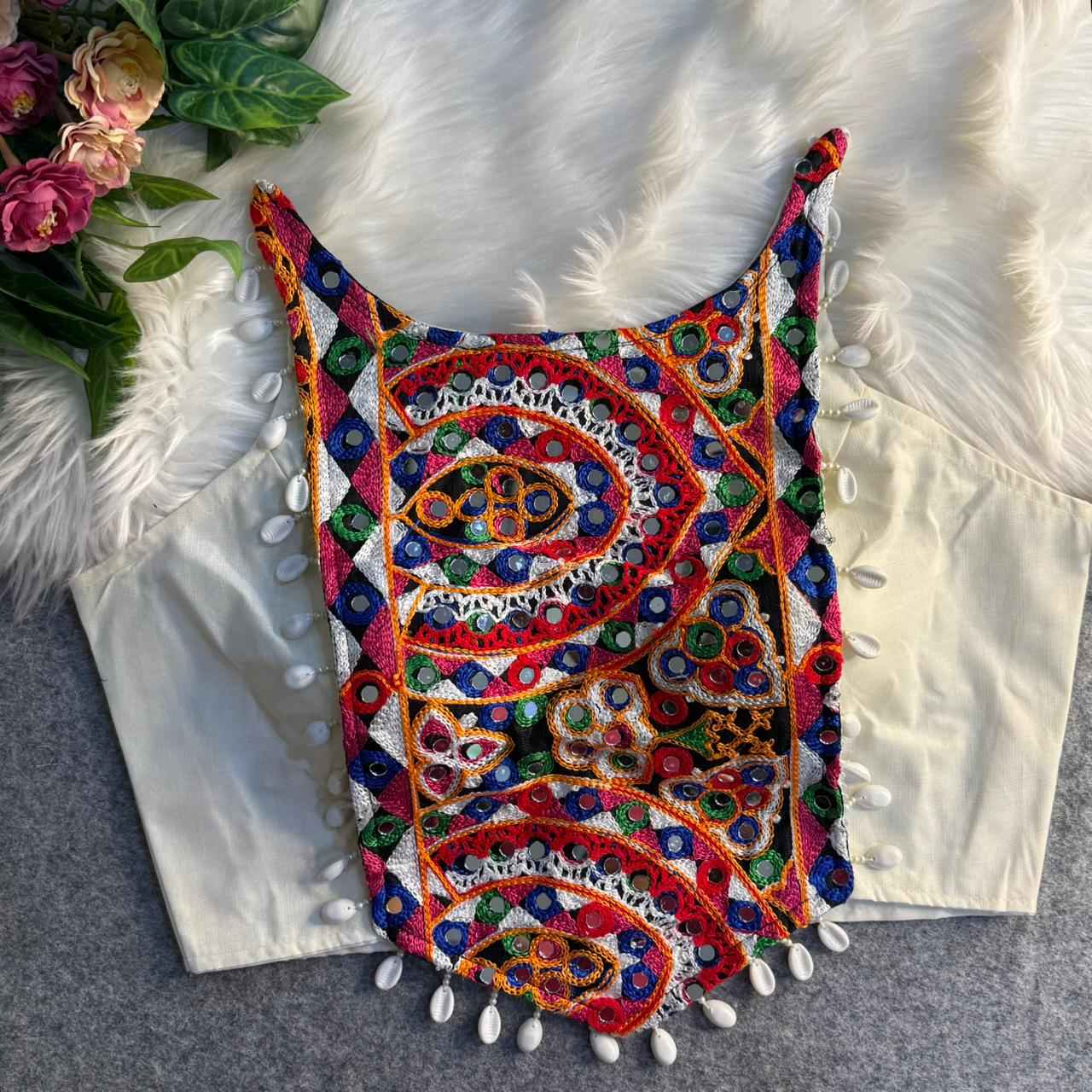 White Pure Cotton Heavy Thread + Kaudi & Hand Mirror Work Navratri Blouse