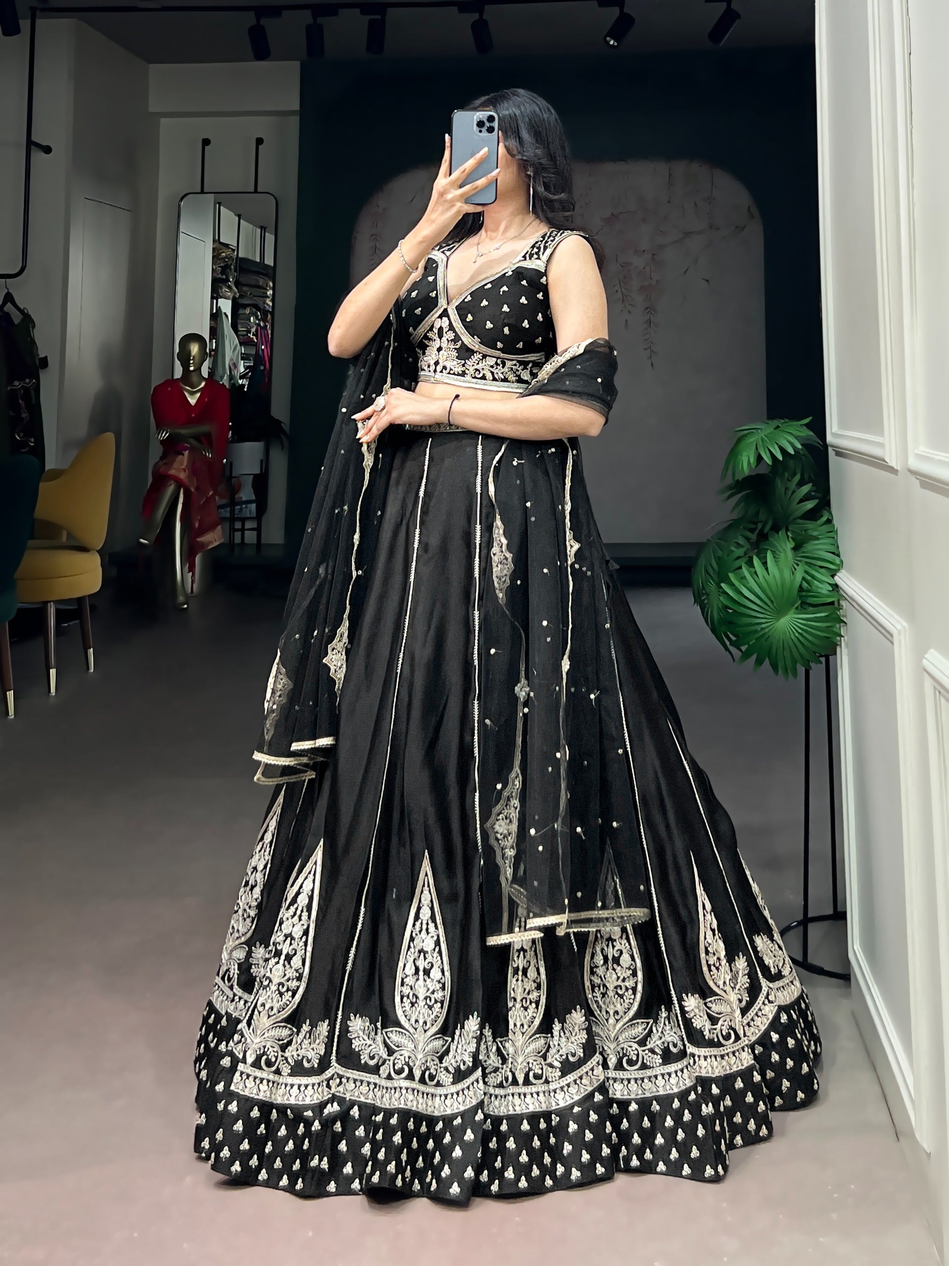 Black Pure Naysha Silk Thread & Sequins Embroidery Work Navratri Lehenga Choli