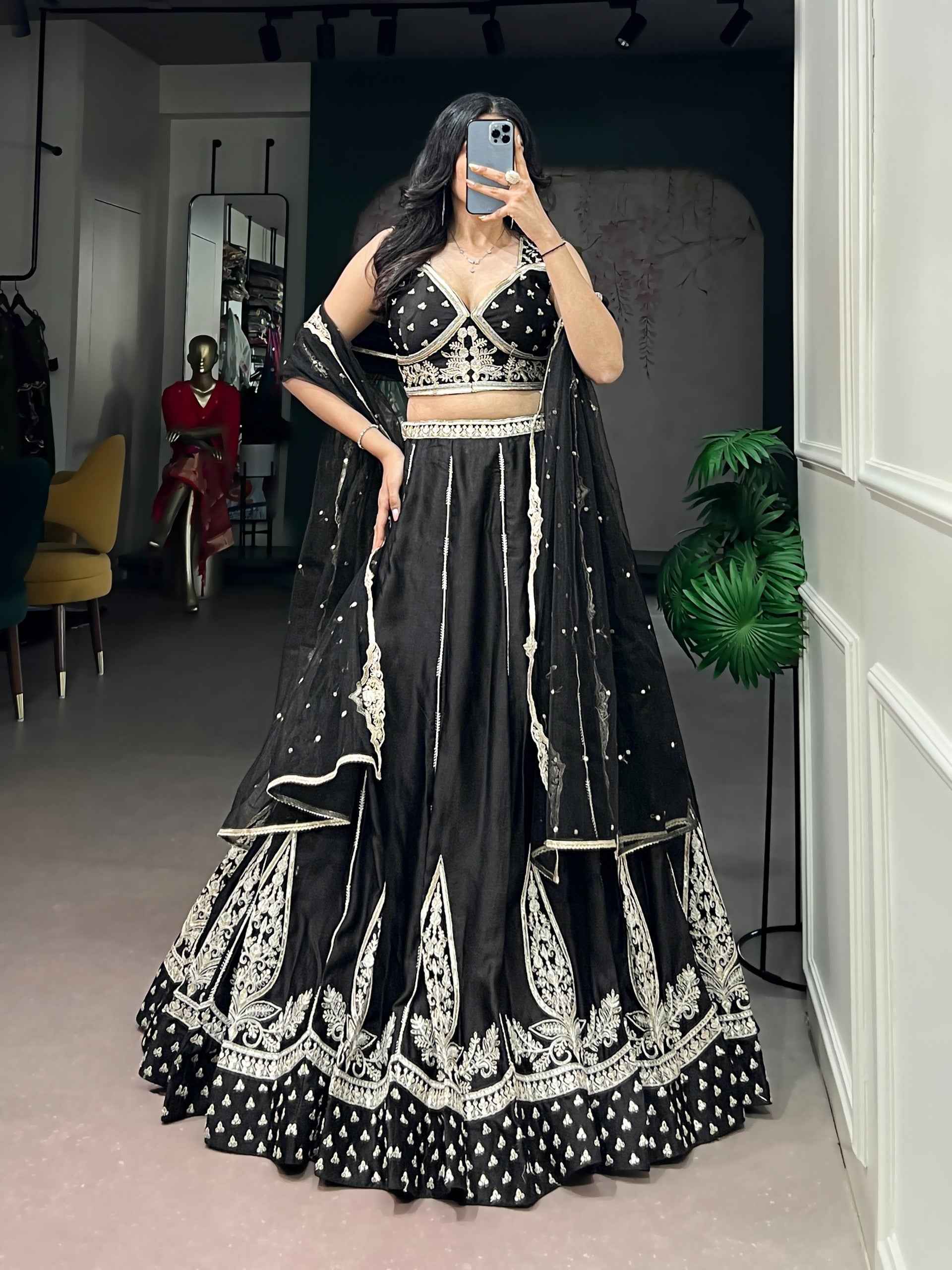 Black Pure Naysha Silk Thread & Sequins Embroidery Work Navratri Lehenga Choli