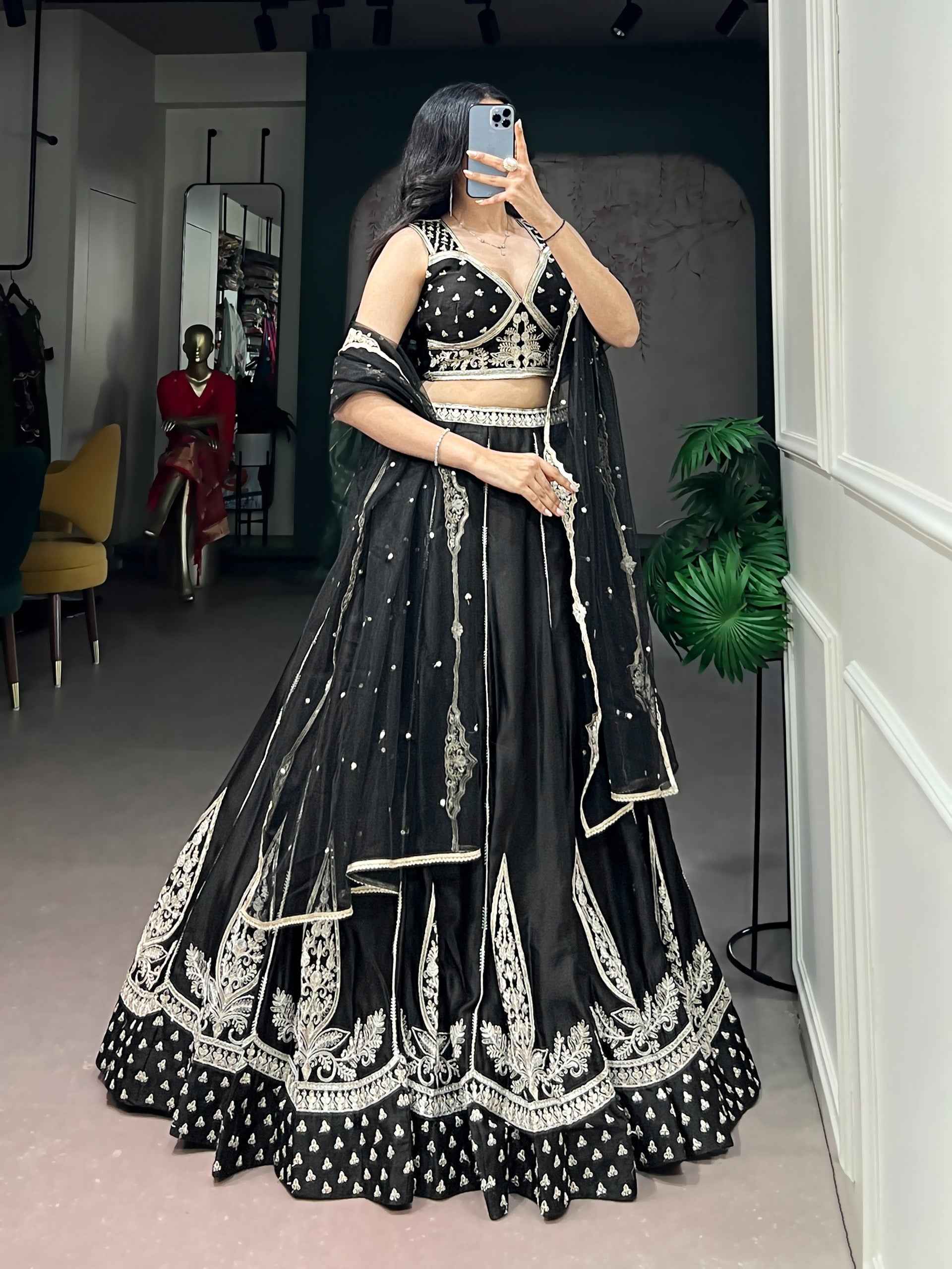 Black Pure Naysha Silk Thread & Sequins Embroidery Work Navratri Lehenga Choli
