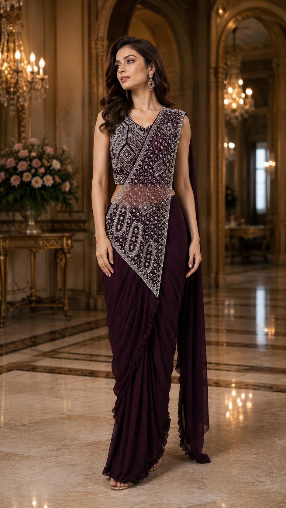 Wine Pure Imported Lycra Silk Ready to Wear Saree