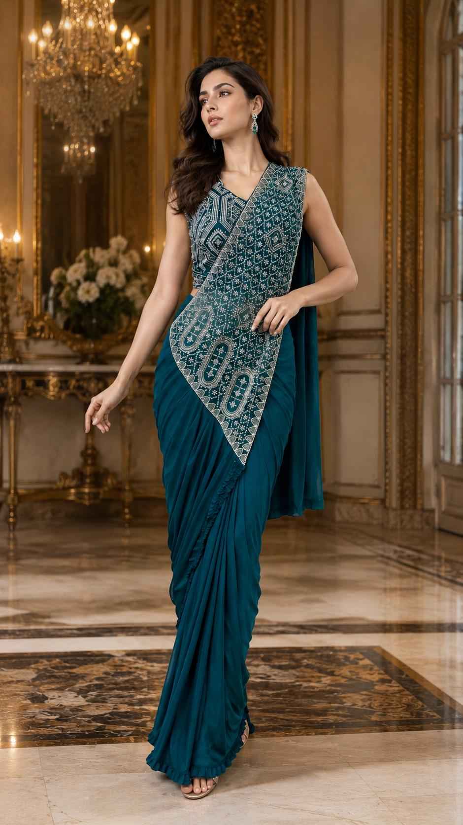 Teal Blue Pure Imported Lycra Silk Ready to Wear Saree