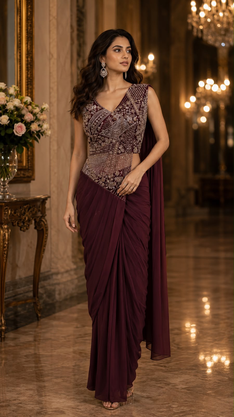 Maroon Pure Imported Lycra Silk Ready to Wear Saree