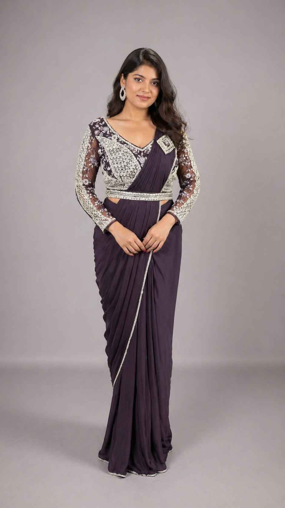 Purple Pure Imported Lycra Silk Ready to Wear Saree