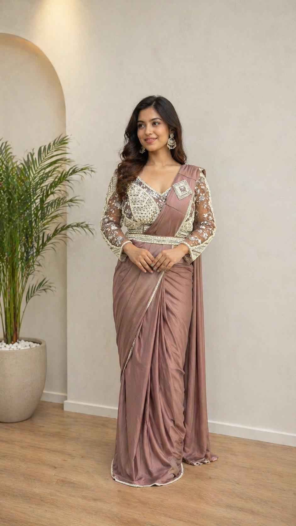 Peach Pure Imported Lycra Silk Ready to Wear Saree