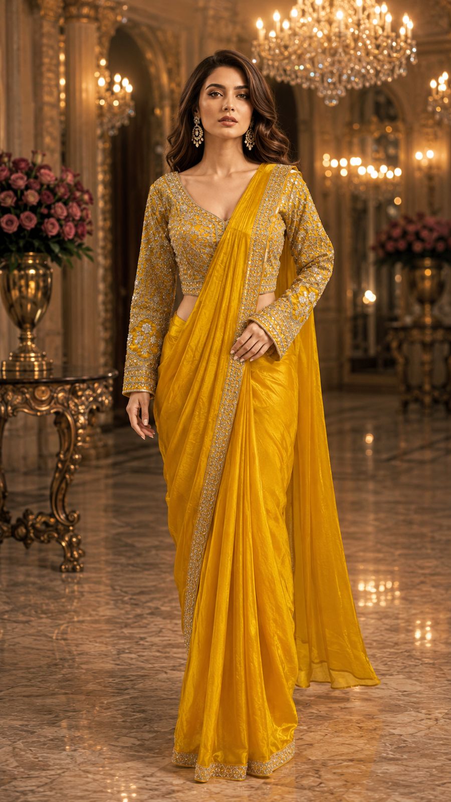 Yellow Pure Imported Fendi Silk Ready to Wear Saree