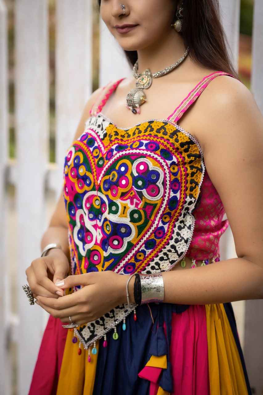 Multicolour Pure Rayon Cotton Kutchhi Work Navratri Lehenga Choli