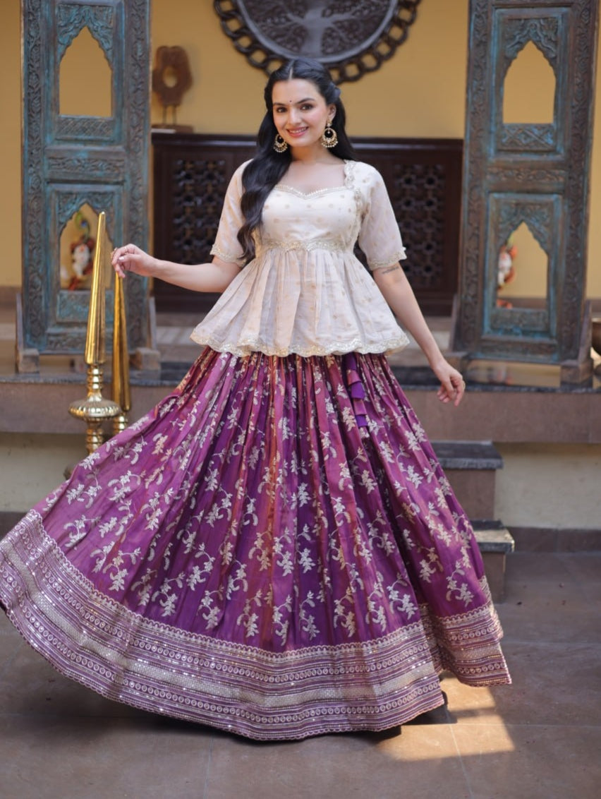 Wine Pure Dyeable Viscose Jacquard With Embroidered Sequins Work Lehenga Choli