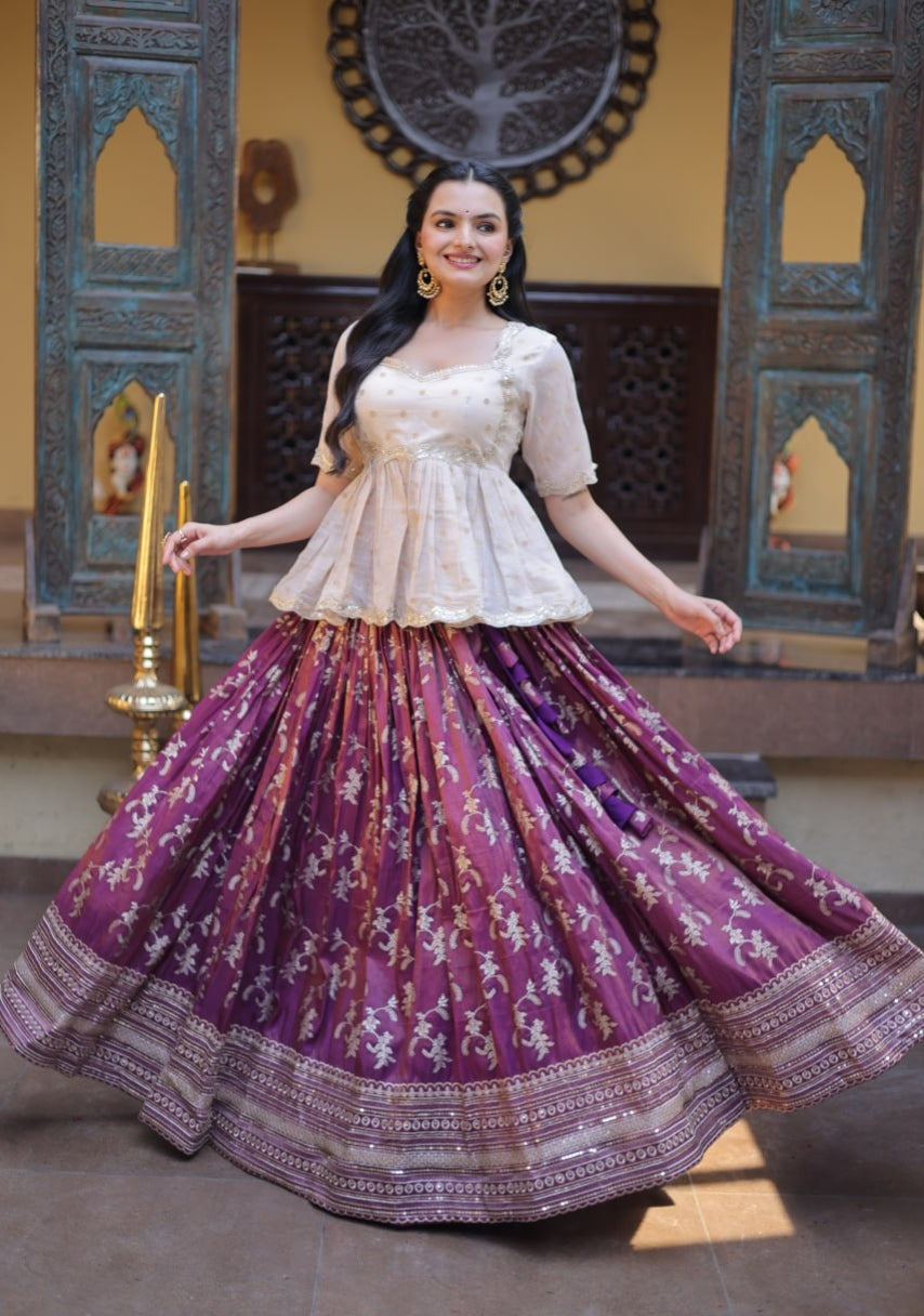 Wine Pure Dyeable Viscose Jacquard With Embroidered Sequins Work Lehenga Choli