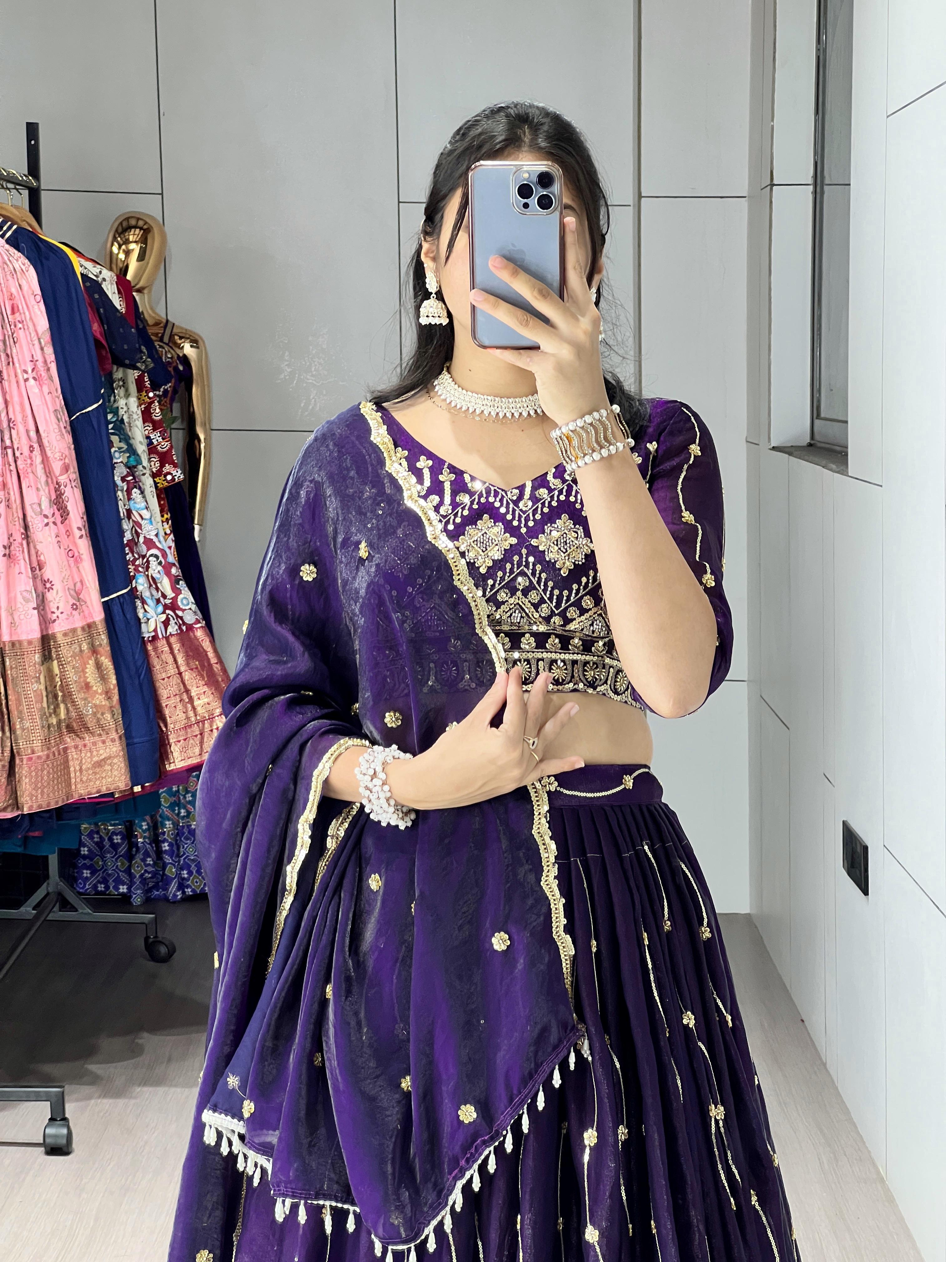 Purple Pure Fendy Satin Beads Embroidery Work Lehenga Choli