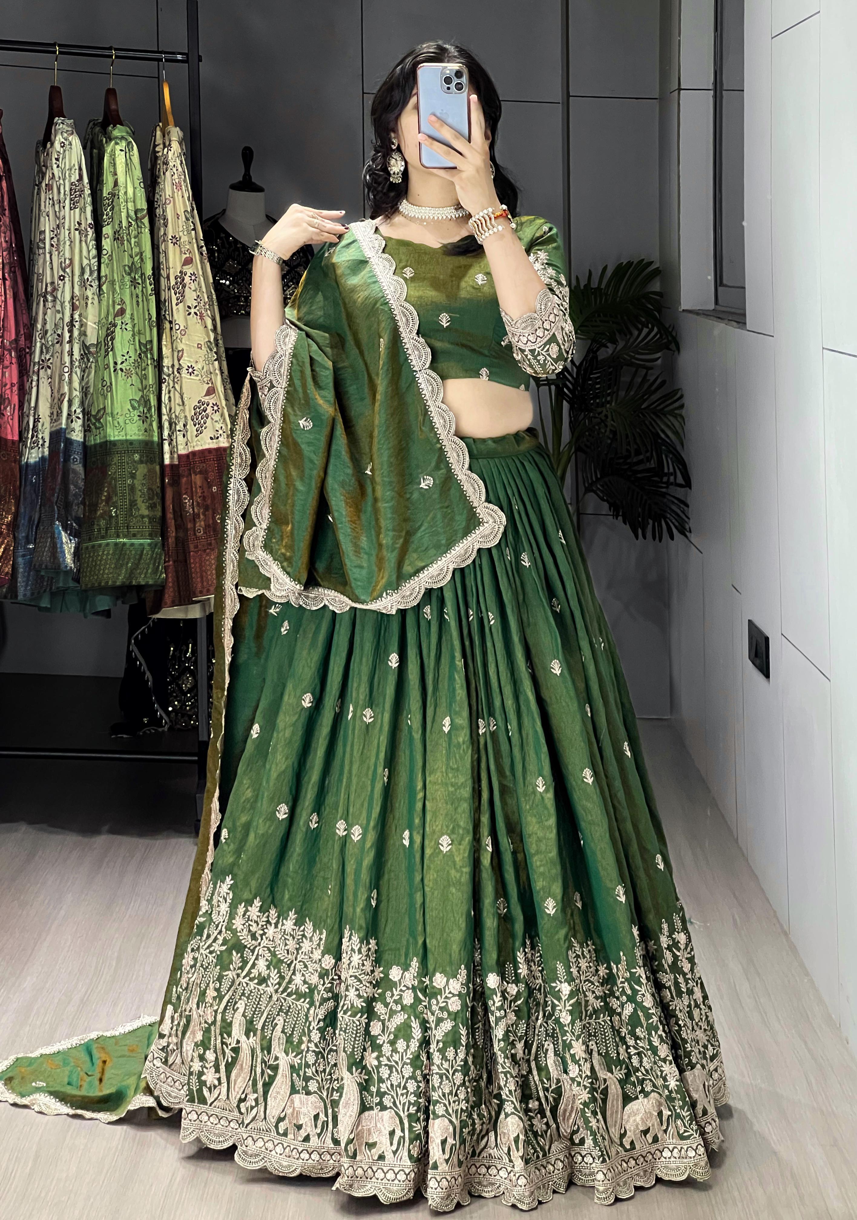Olive Green Pure Multi Embroidery Thread Work Lehenga Choli