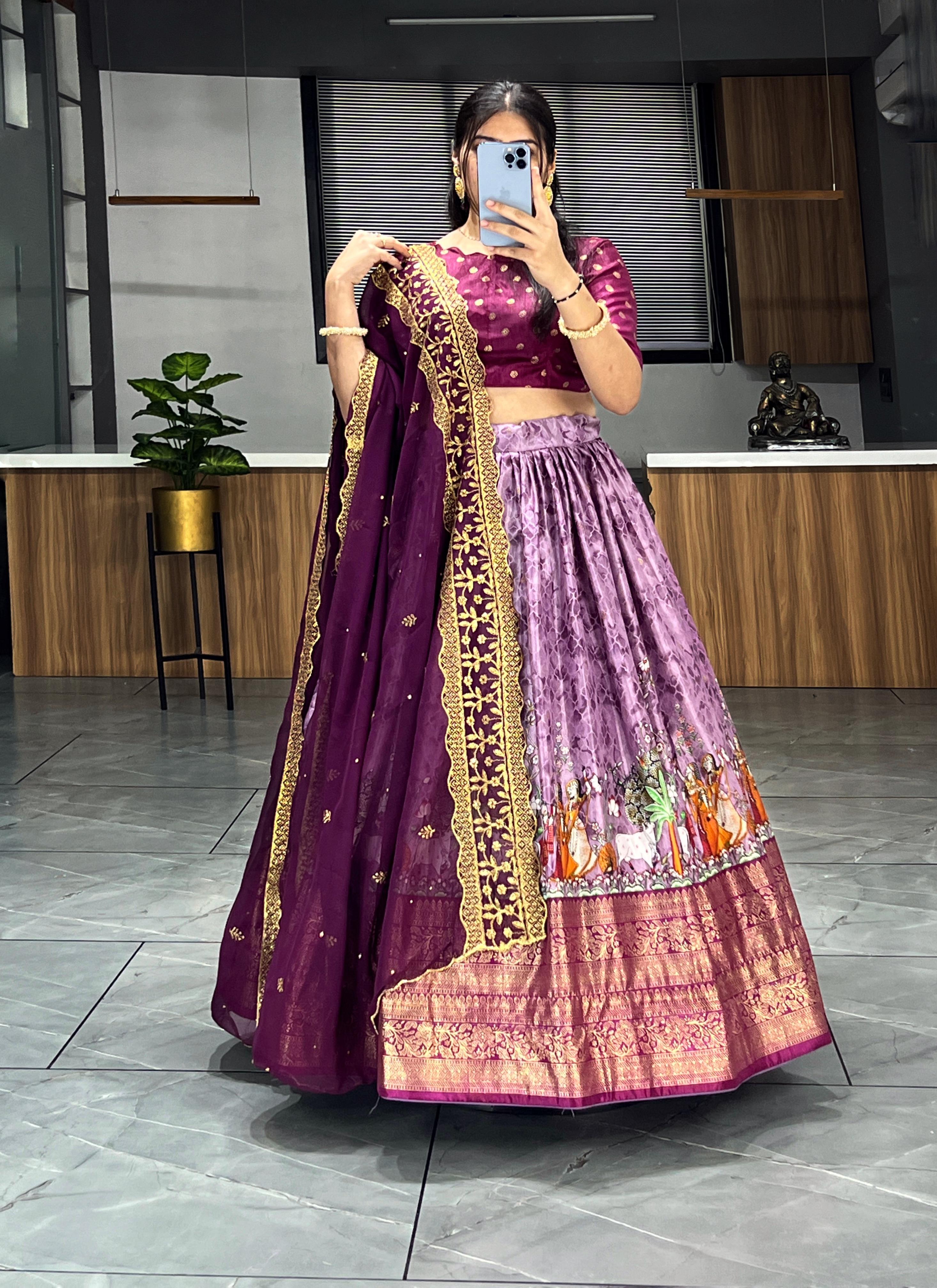 Wine Pure Soft Dola Silk Patola Kalamkari Lehenga Choli