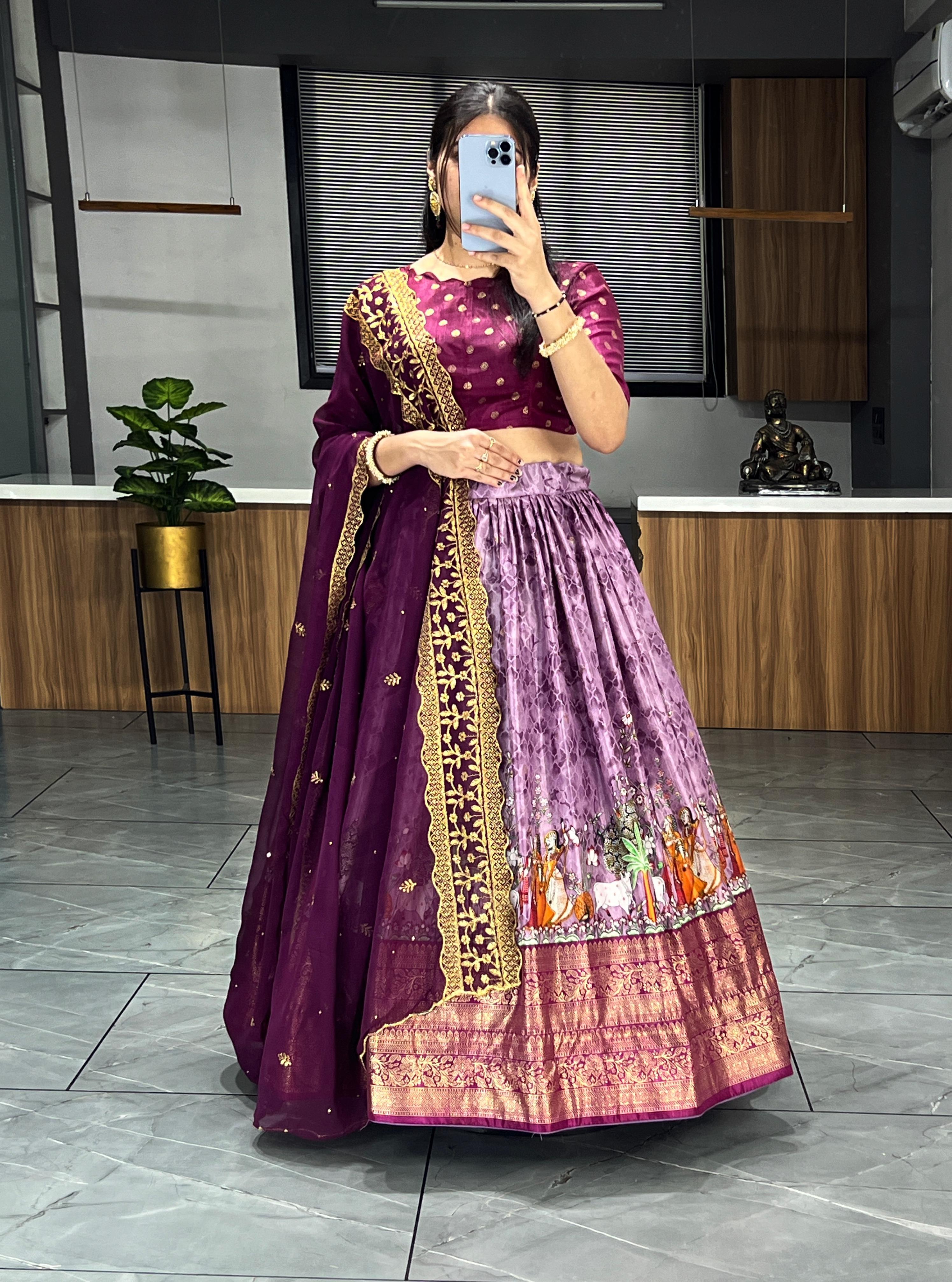 Wine Pure Soft Dola Silk Patola Kalamkari Lehenga Choli