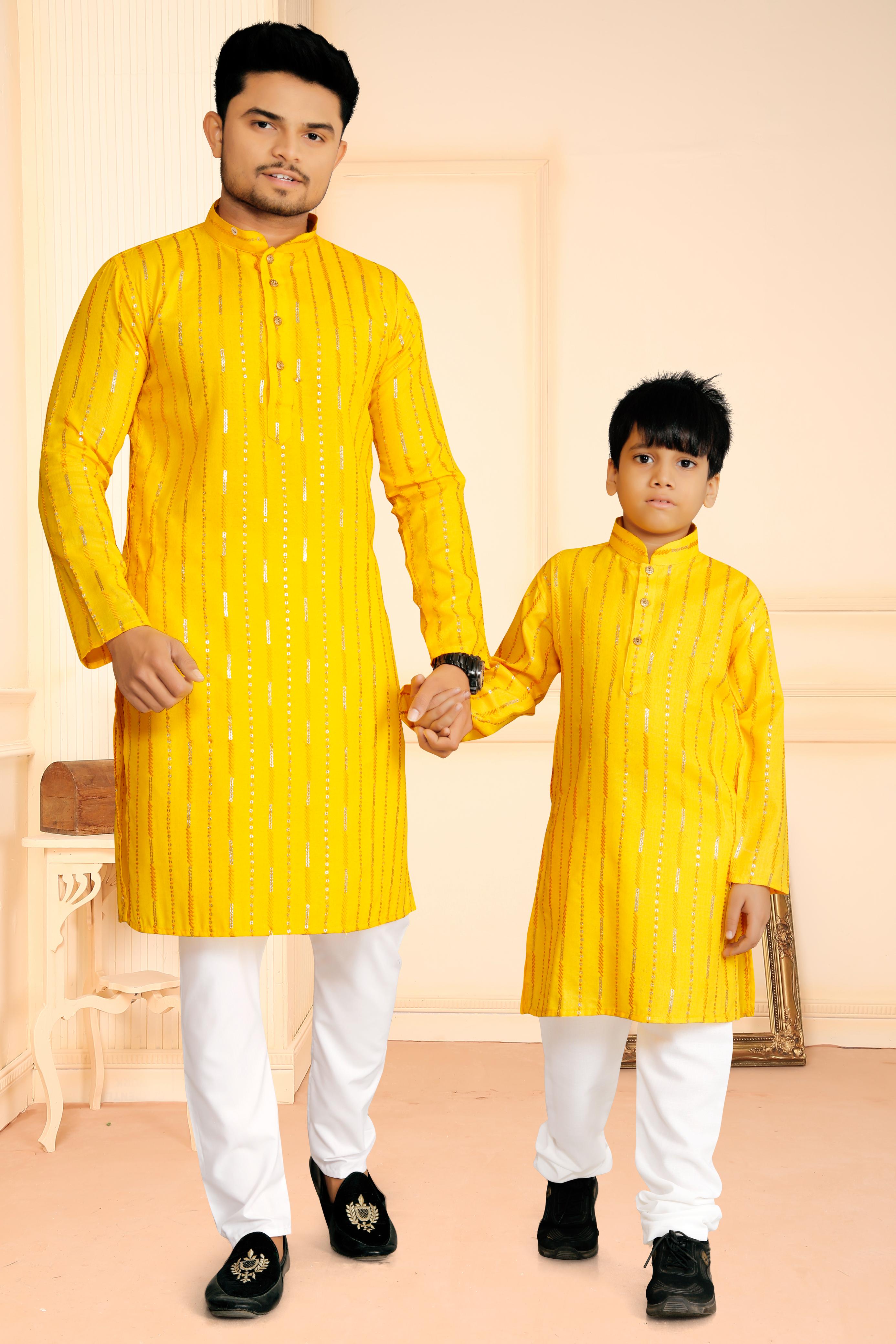 Yellow Pure Soft Cotton Kurta Pajama With Father & Son Matching Combo Set