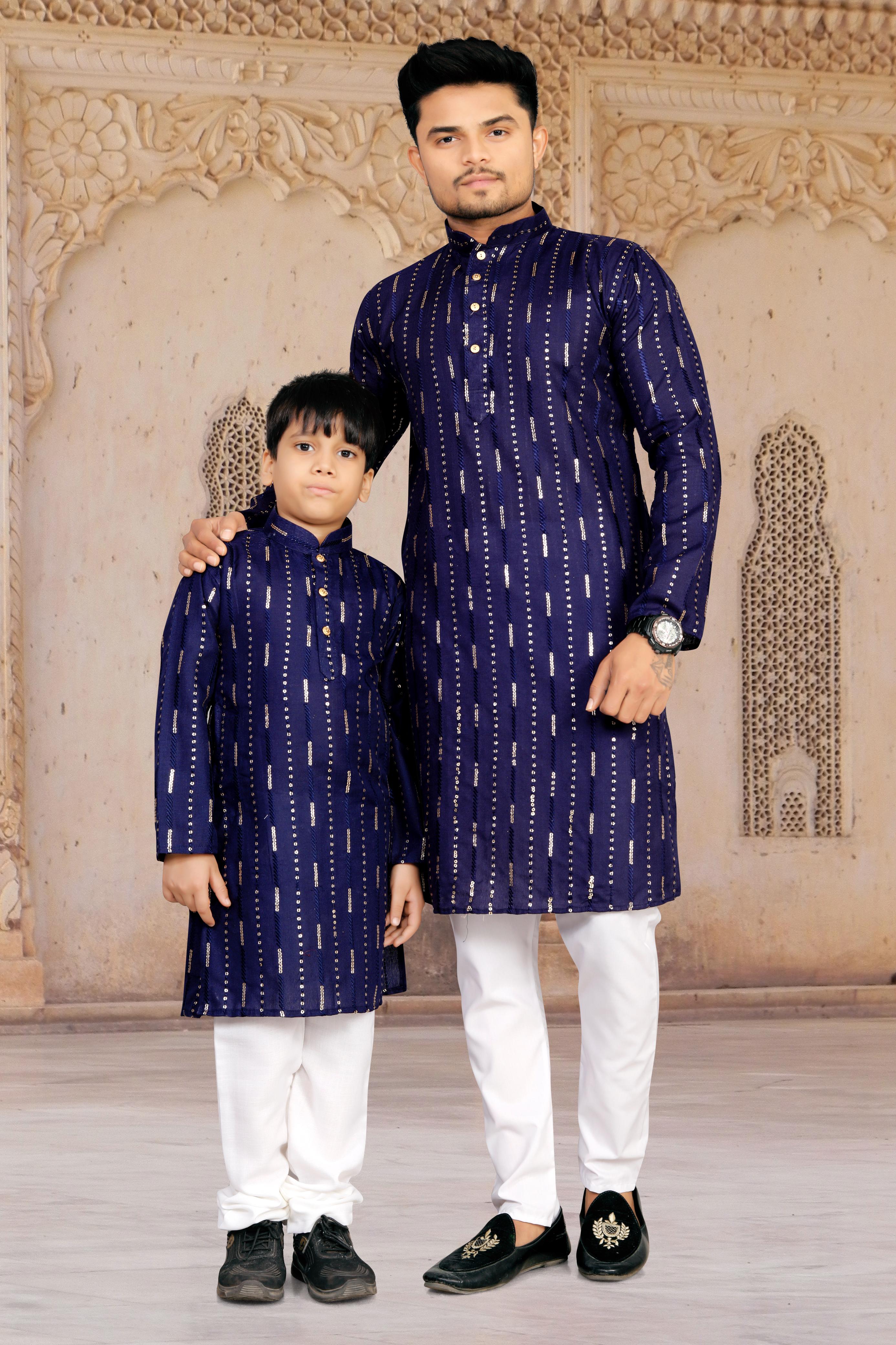 Blue Pure Soft Cotton Kurta Pajama With Father & Son Matching Combo Set