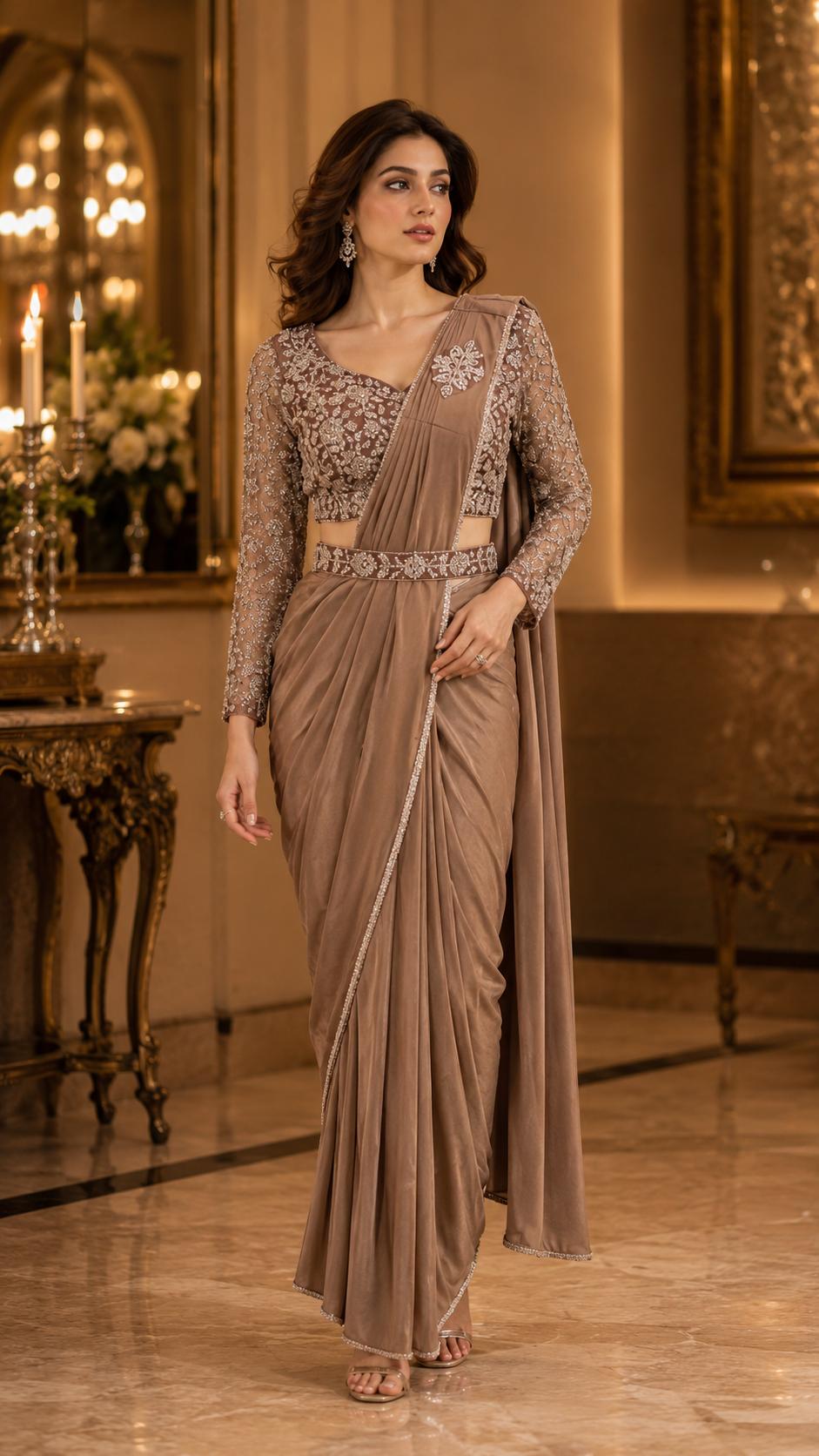 Chiku Pure Imported Lycra Silk Ready to Wear Saree