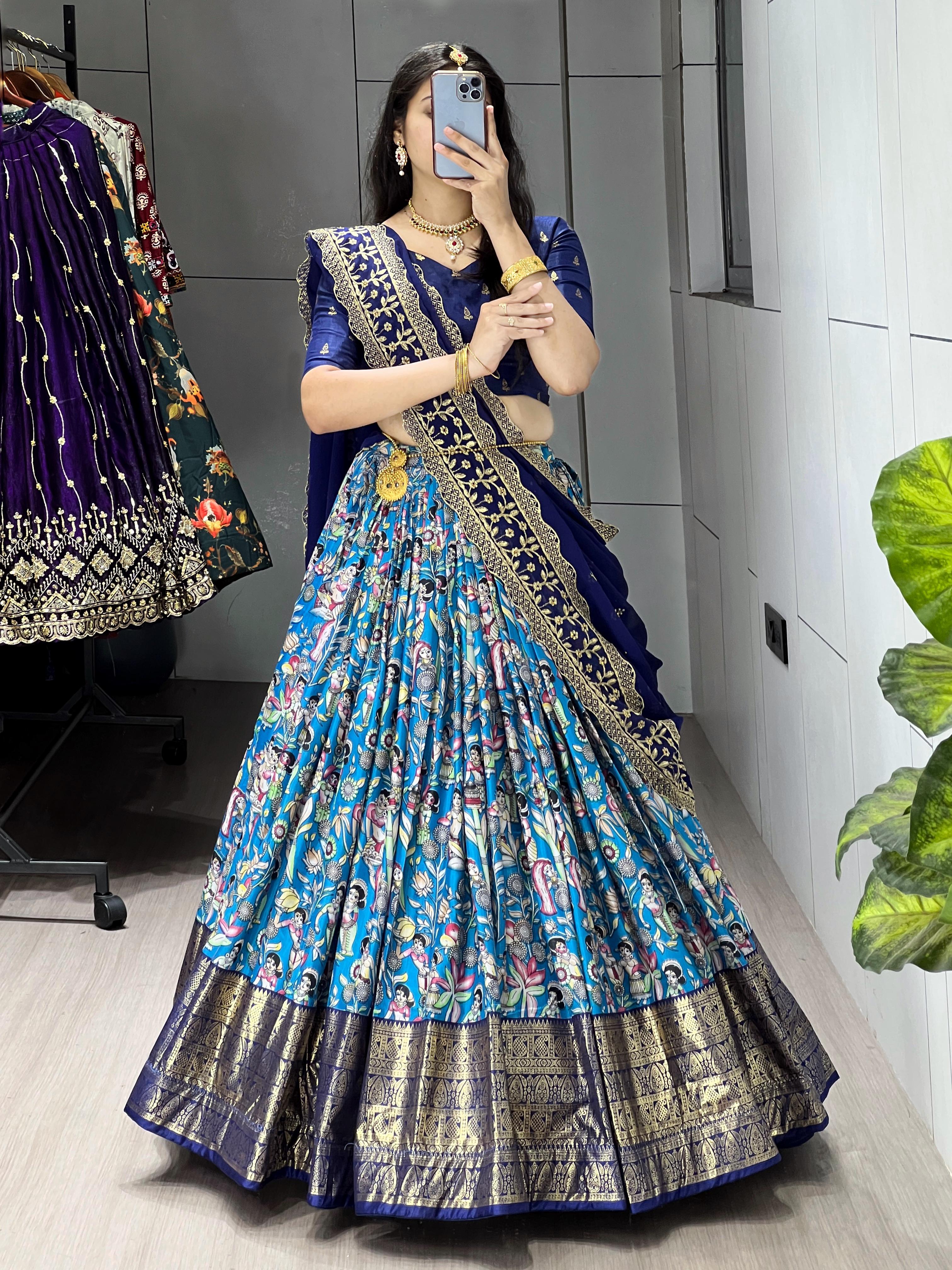 Firozi Pure Soft Dola Silk Fully Kalamkari Printed Foil Work Lehenga Choli