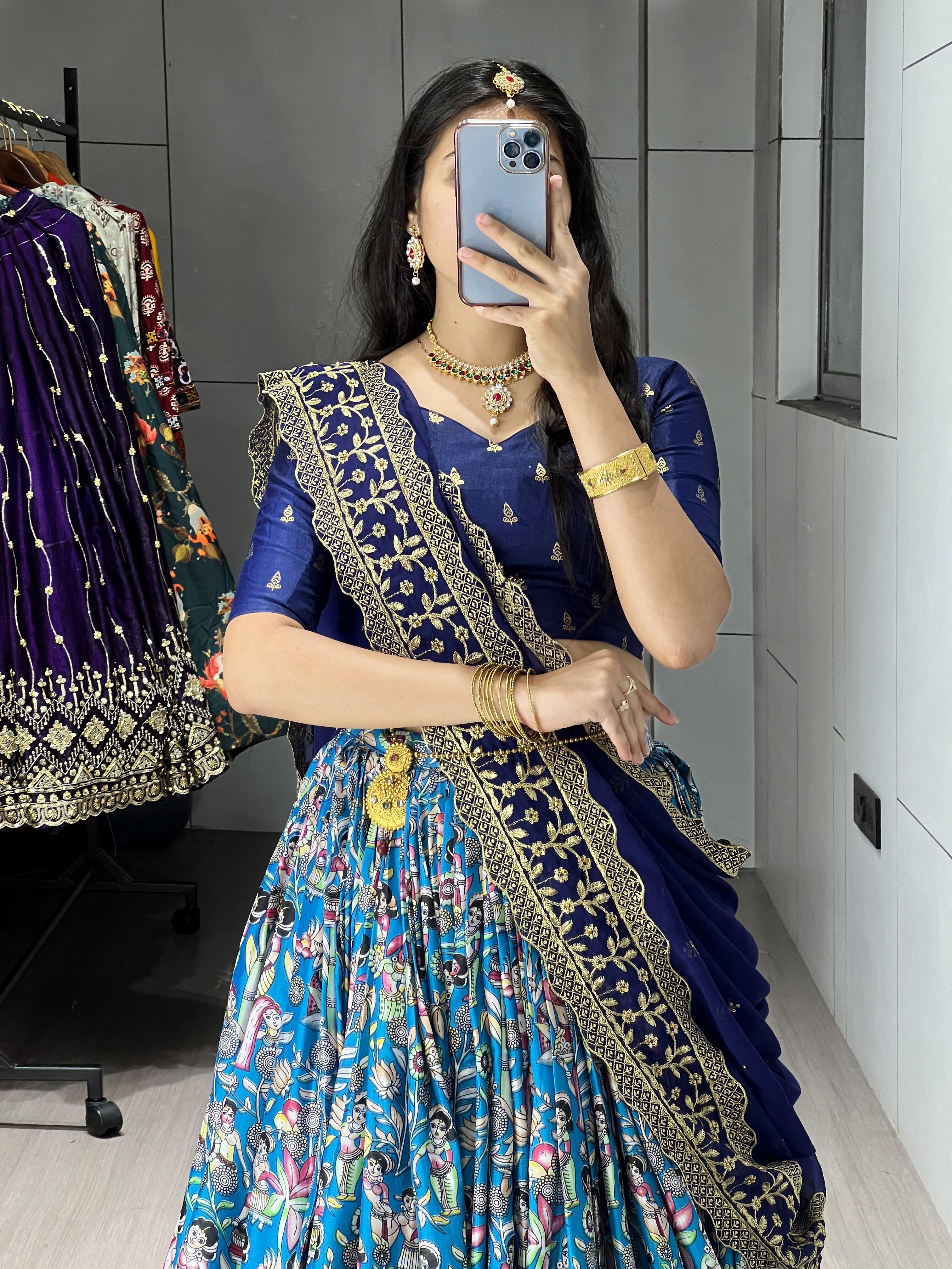 Firozi Pure Soft Dola Silk Fully Kalamkari Printed Foil Work Lehenga Choli