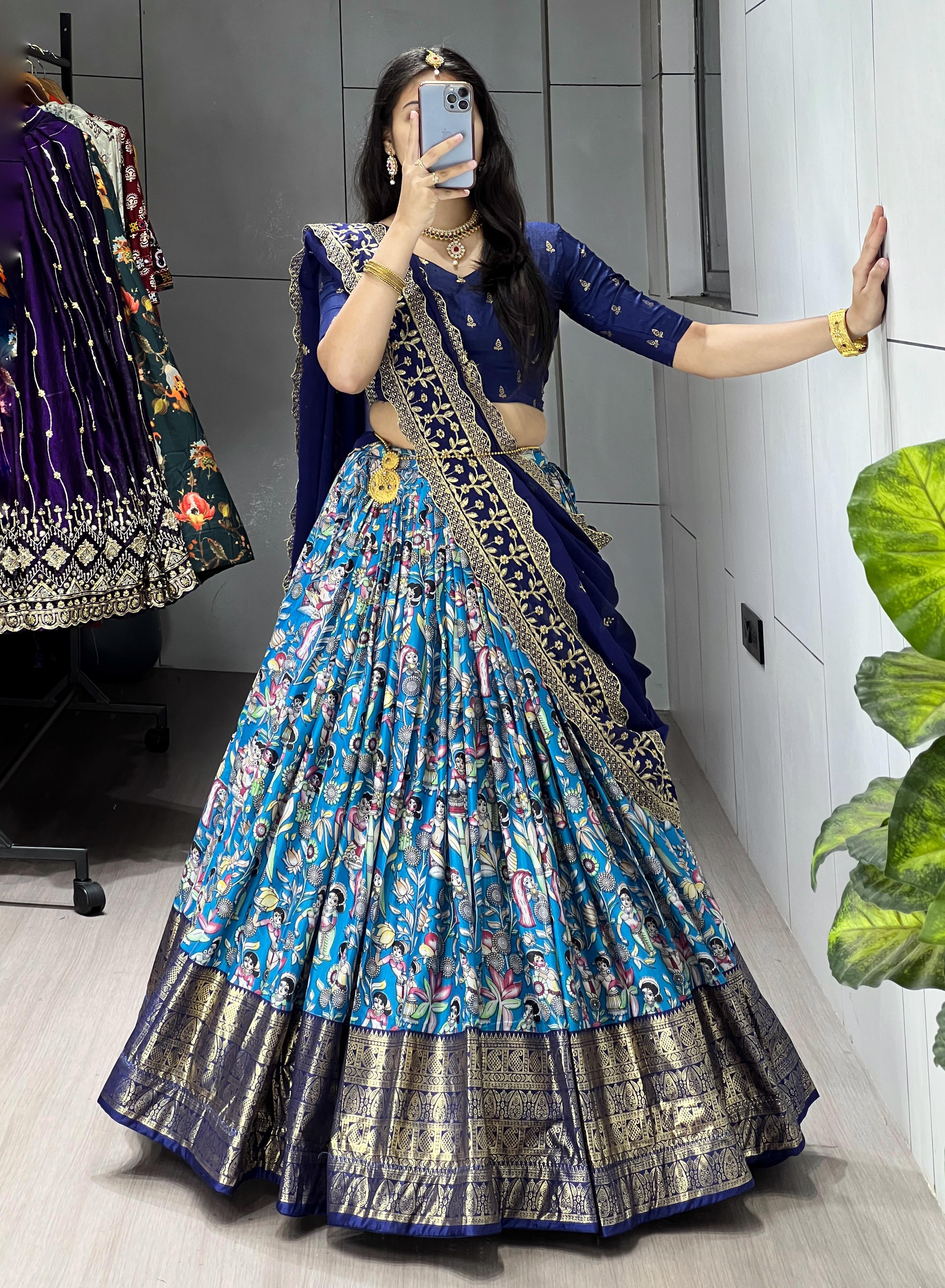 Firozi Pure Soft Dola Silk Fully Kalamkari Printed Foil Work Lehenga Choli