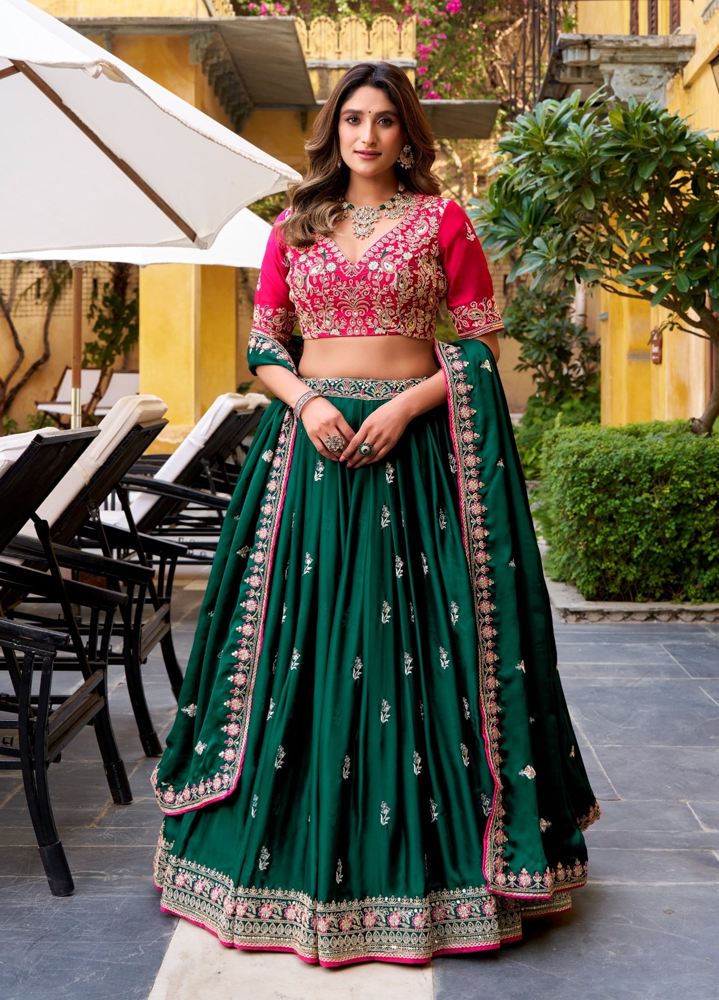 Green Pure Satin Silk Sequins & Thread Embroidery Work Navratri Lehenga Choli