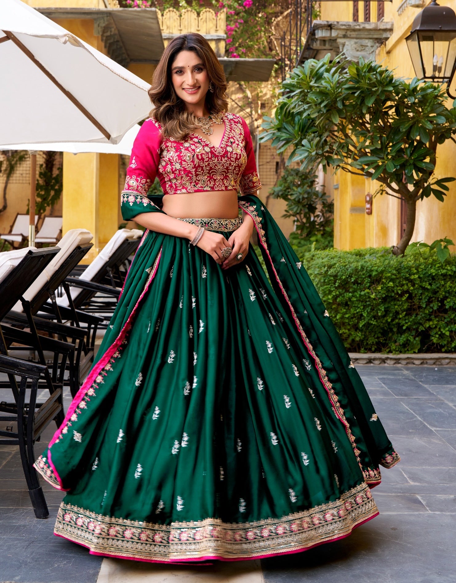Green Pure Satin Silk Sequins & Thread Embroidery Work Navratri Lehenga Choli