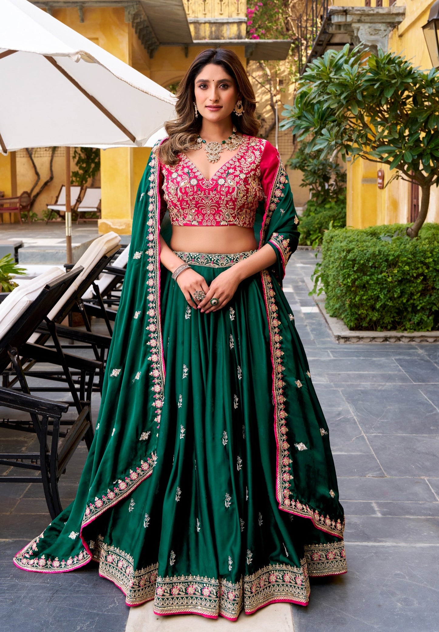 Green Pure Satin Silk Sequins & Thread Embroidery Work Navratri Lehenga Choli