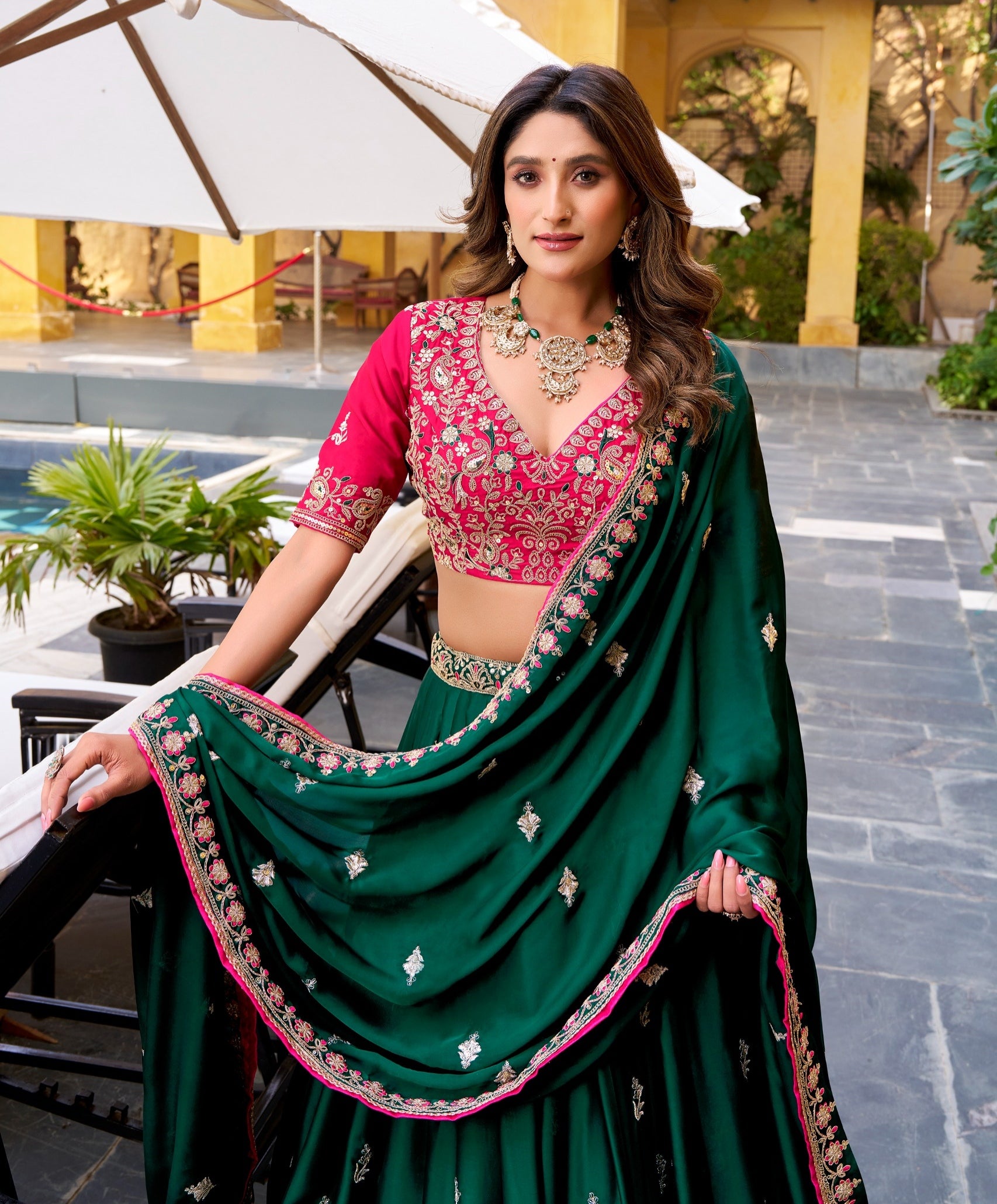 Green Pure Satin Silk Sequins & Thread Embroidery Work Navratri Lehenga Choli