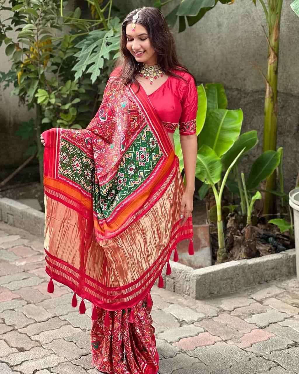 Red Pure Gajji Silk Bandhej Print With Lagadi Pallu Saree