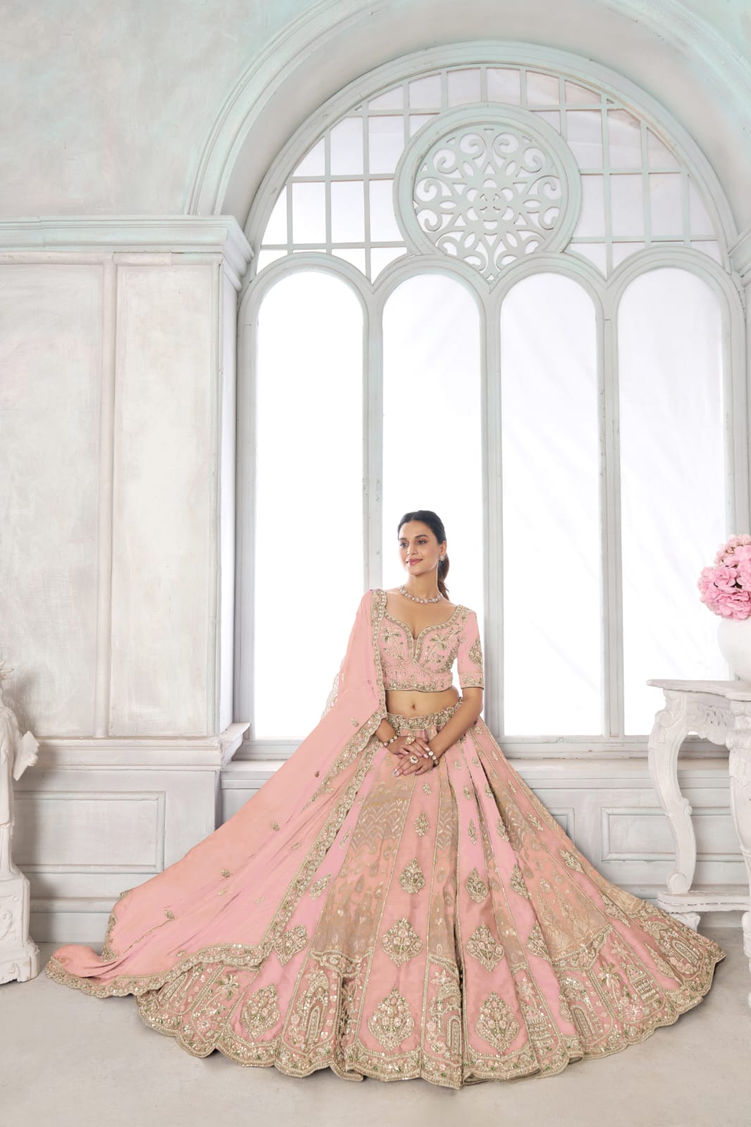 Pink Silk Lehenga Choli with Heavy Embroidery & Organza Dupatta