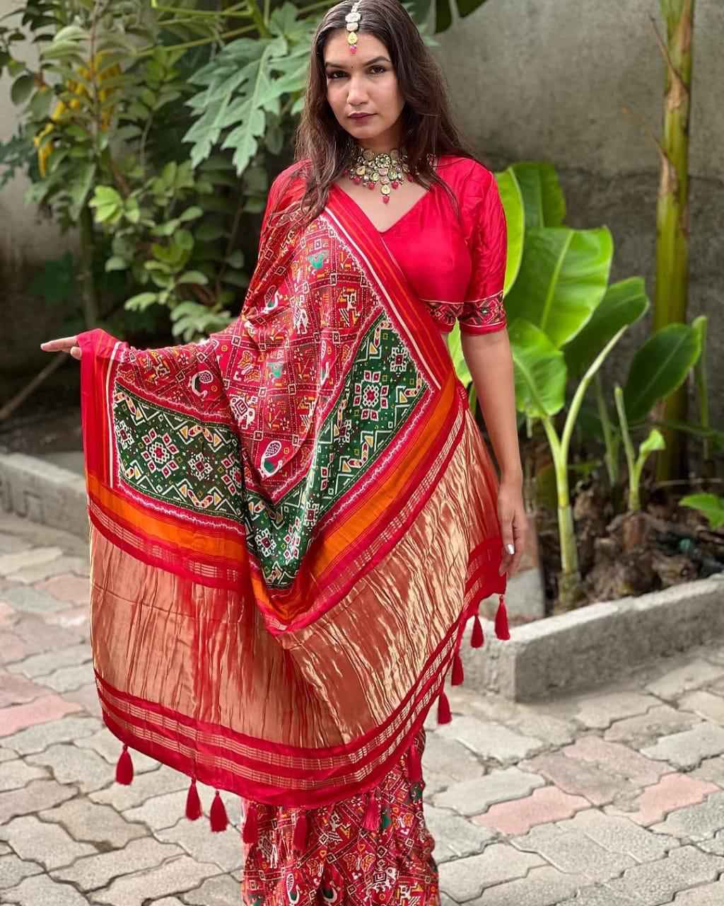 Red Pure Gajji Silk Bandhej Print With Lagadi Pallu Saree