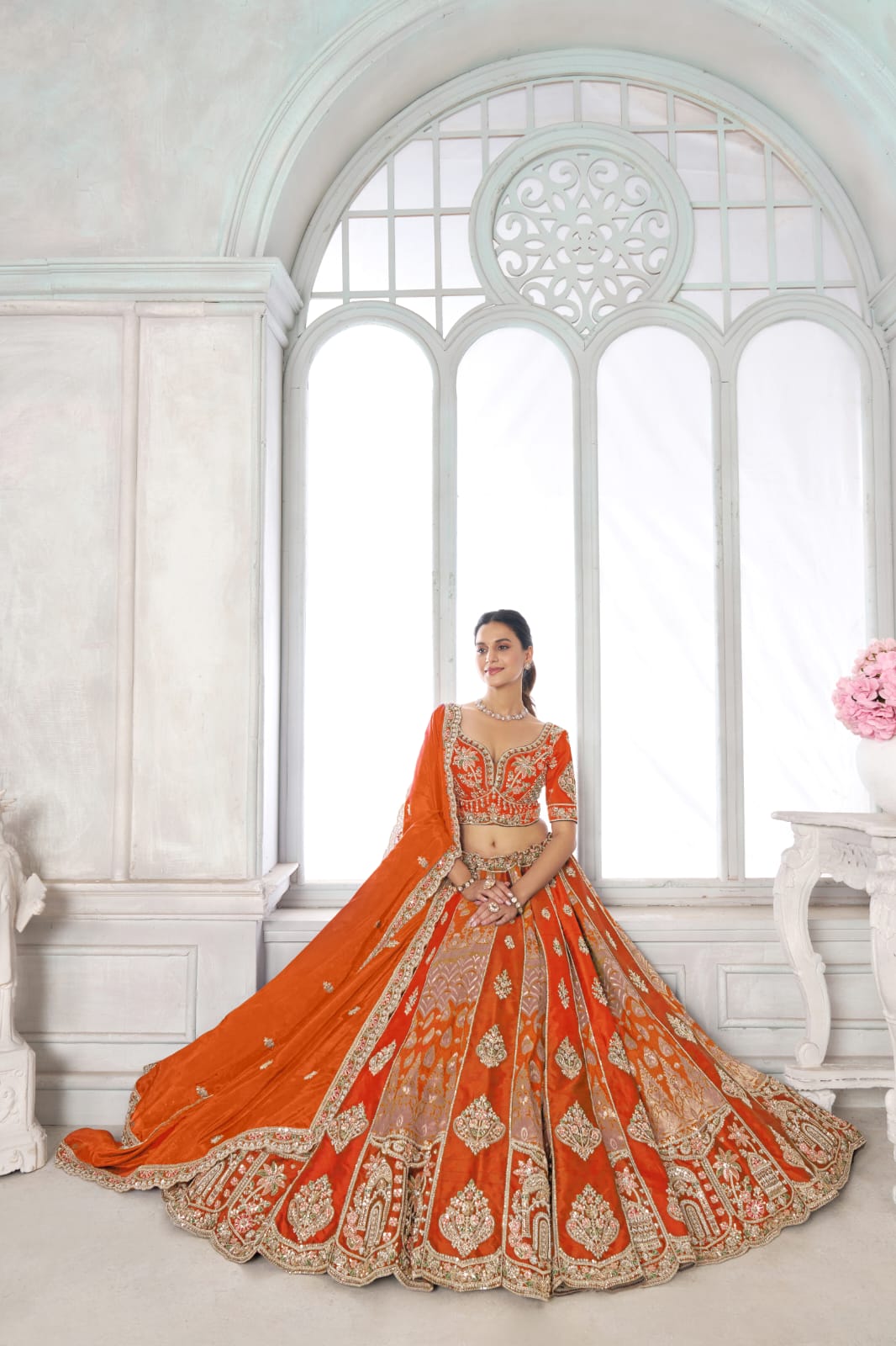 Orange Silk Lehenga Choli with Heavy Embroidery
