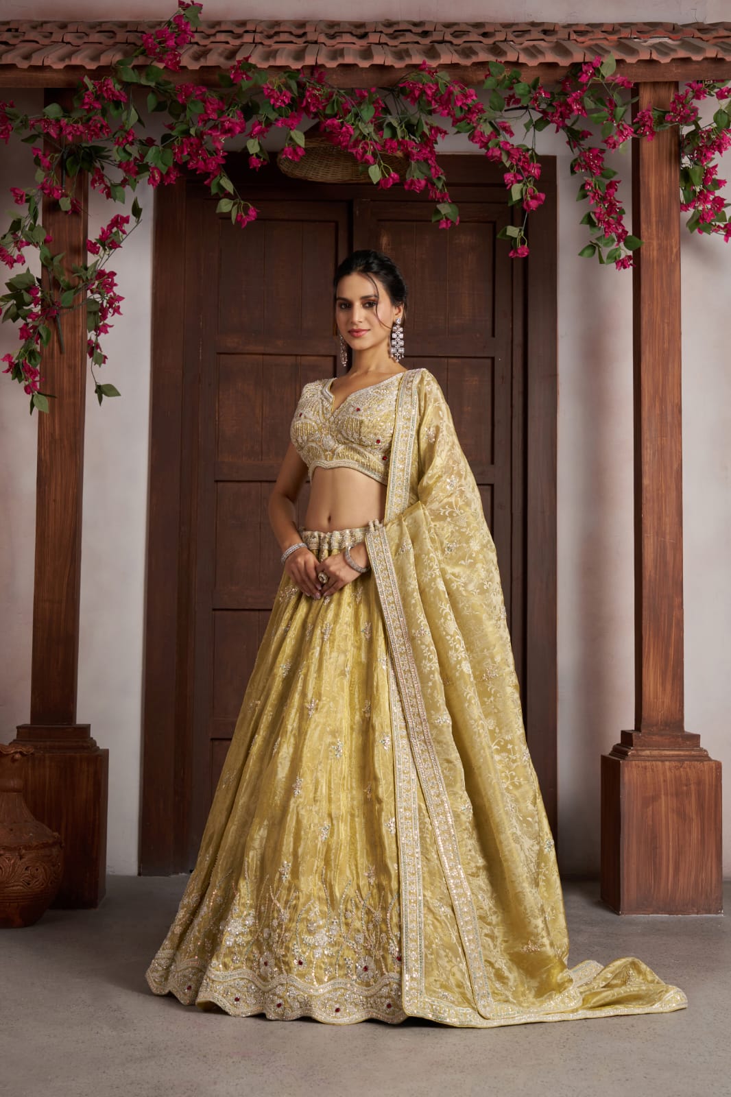 Mustard Yellow Jari Tissue Lehenga Choli with Dupatta