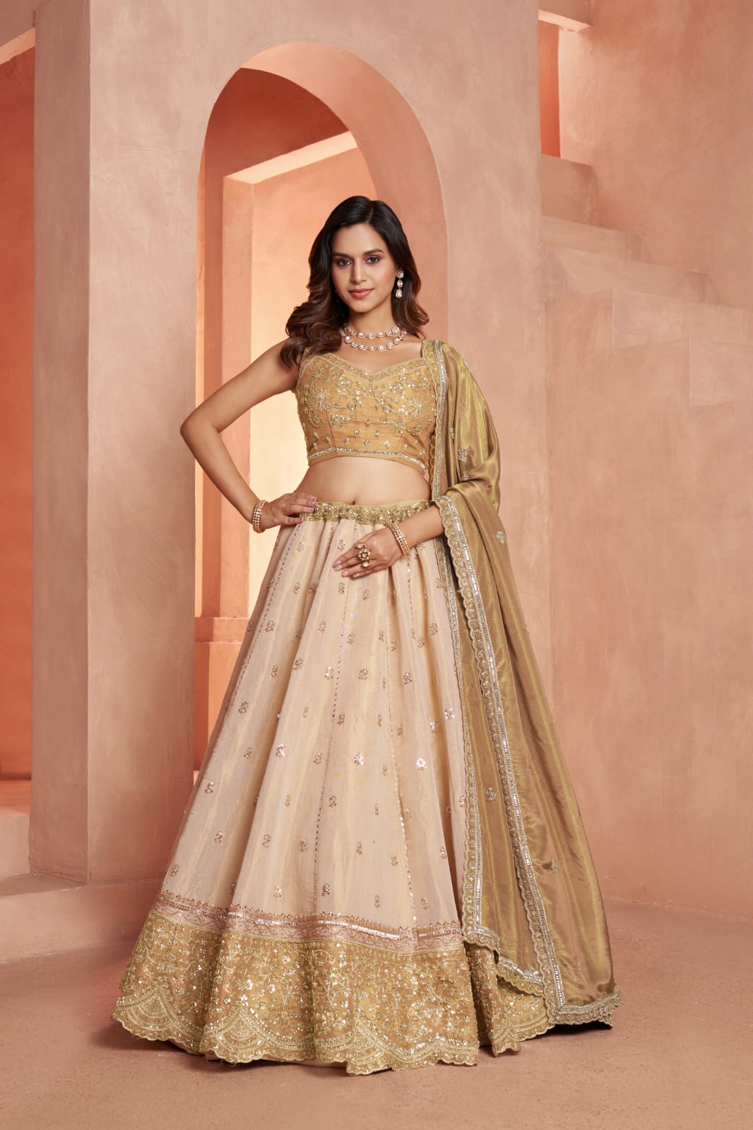 Gold Beige Kanjivaram Tissue Silk Embroidered Lehenga Choli