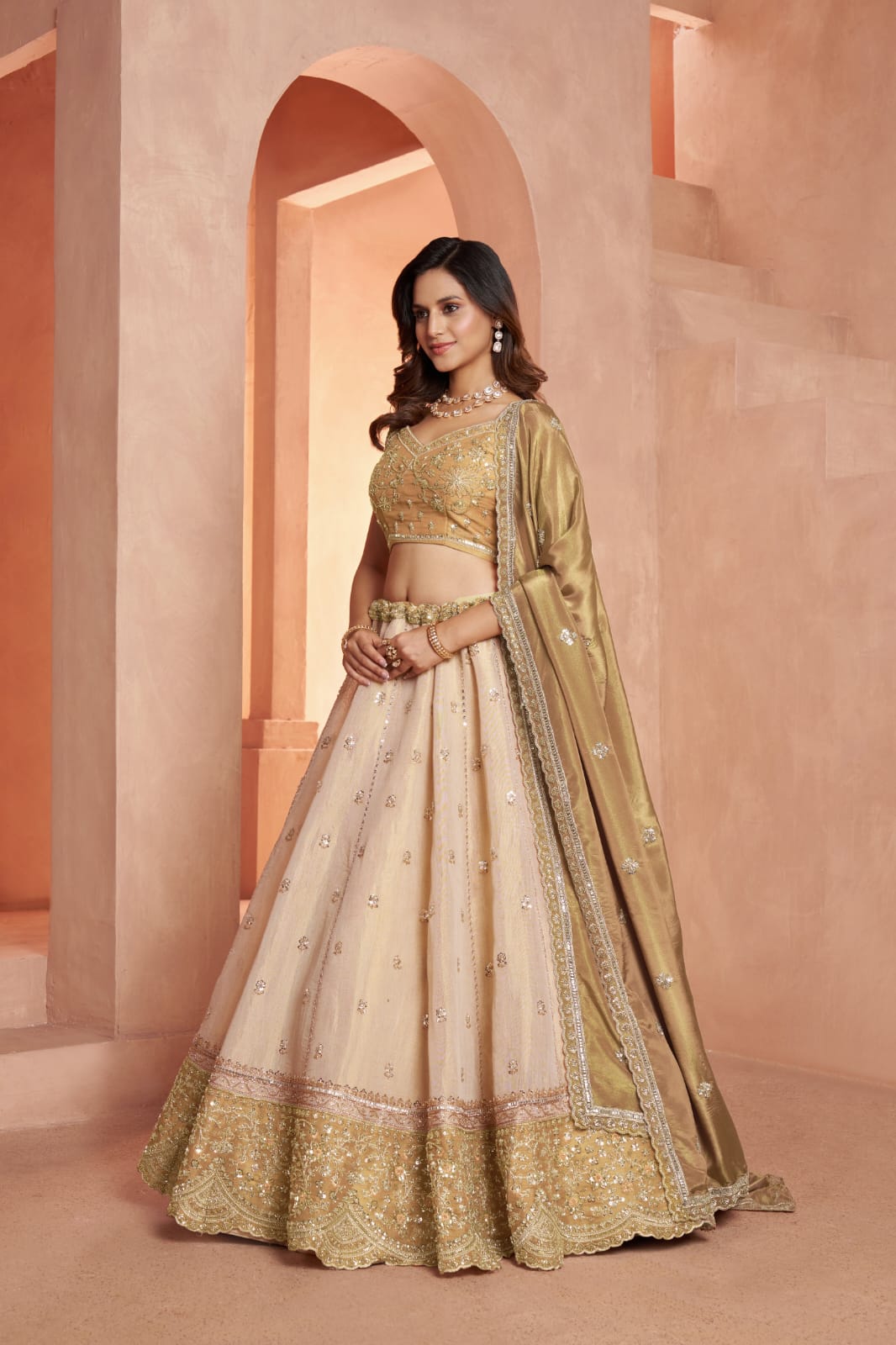 Gold Beige Kanjivaram Tissue Silk Embroidered Lehenga Choli