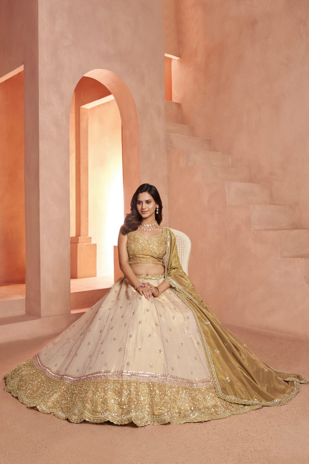 Gold Beige Kanjivaram Tissue Silk Embroidered Lehenga Choli