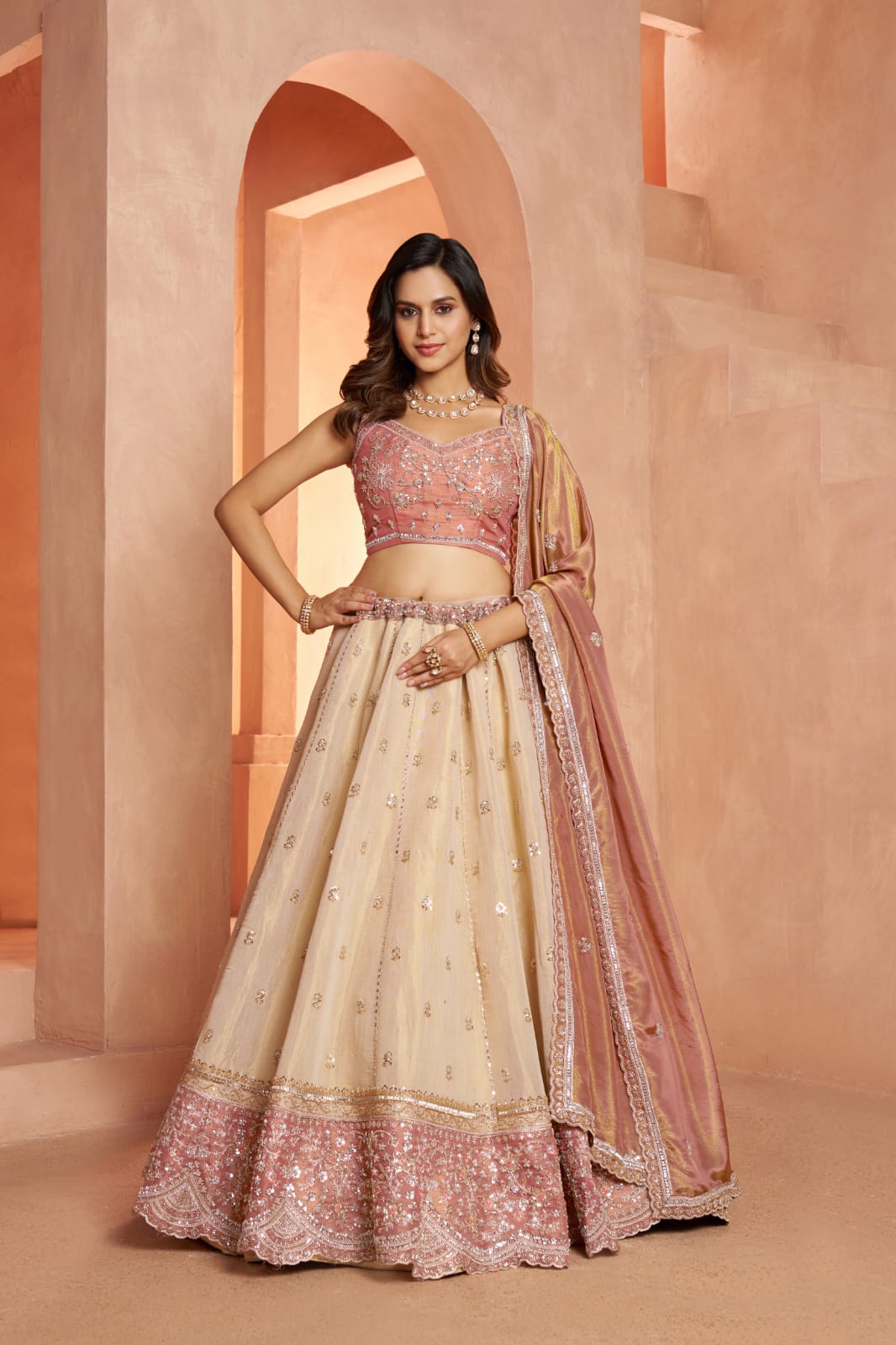 Pink Beige Kanjivaram Tissue Silk Embroidered Lehenga Choli