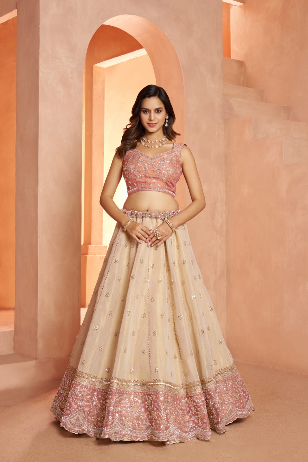 Pink Beige Kanjivaram Tissue Silk Embroidered Lehenga Choli